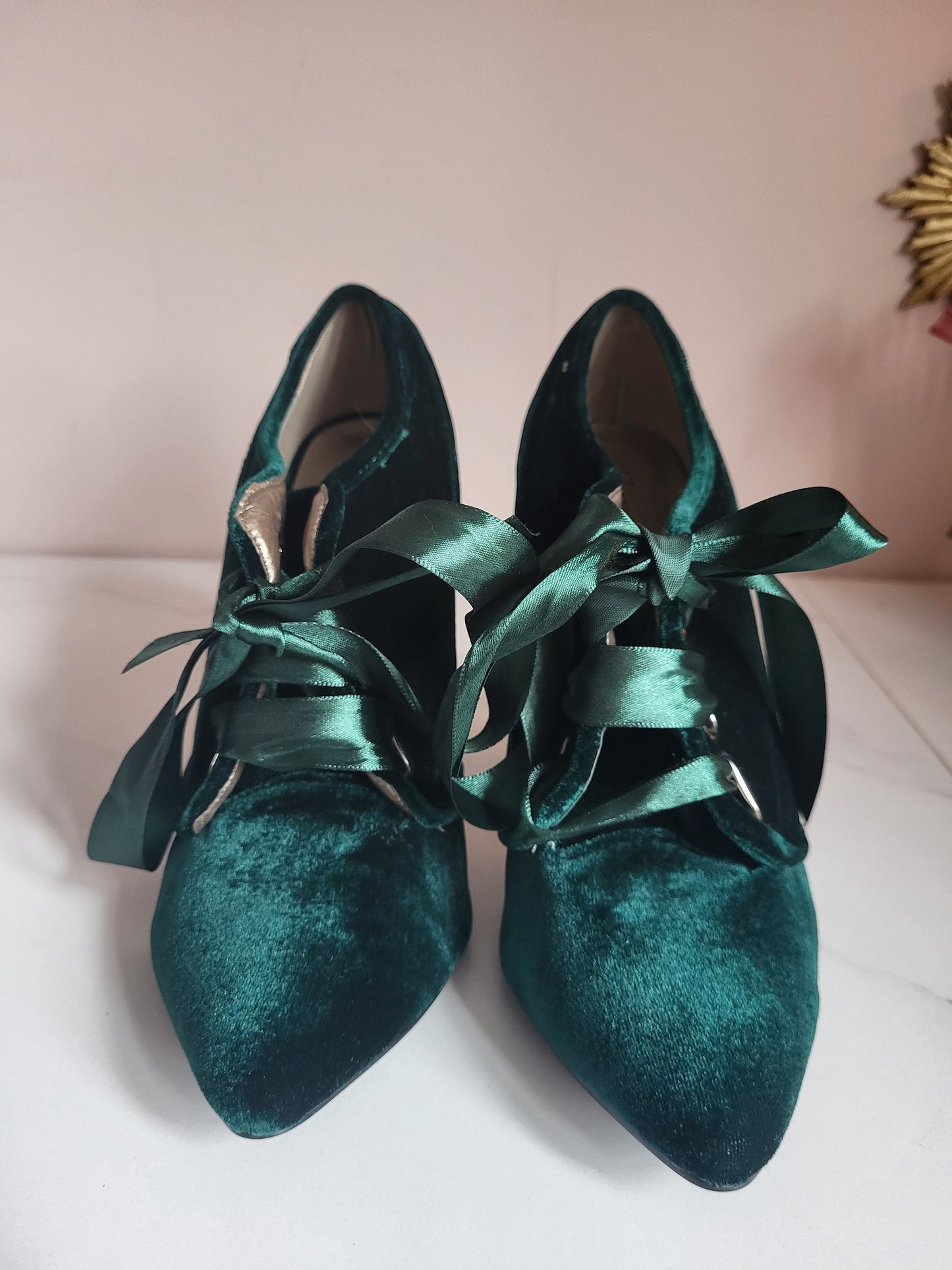 Emerald Velvet Ribbon-Tie Shoe Boots