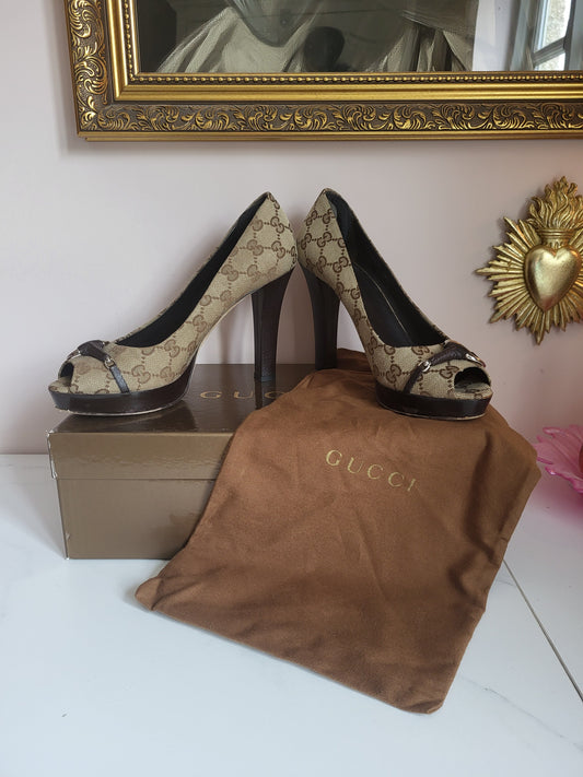 Gucci Platform Peep Toe Canvas Heels