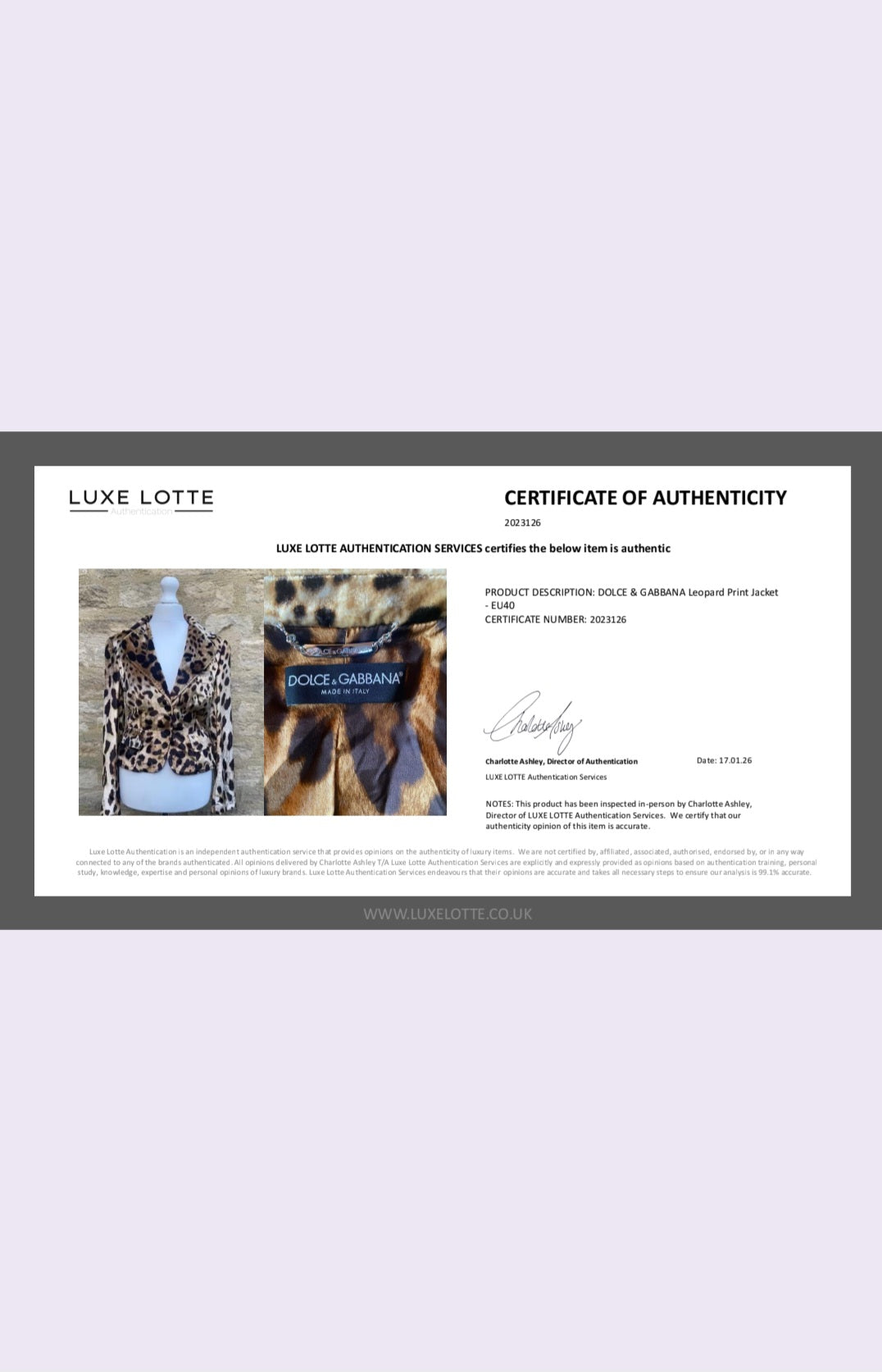 Dolce & Gabbana clothing with Luxe Lotte certificate of authenticity on a light purple background