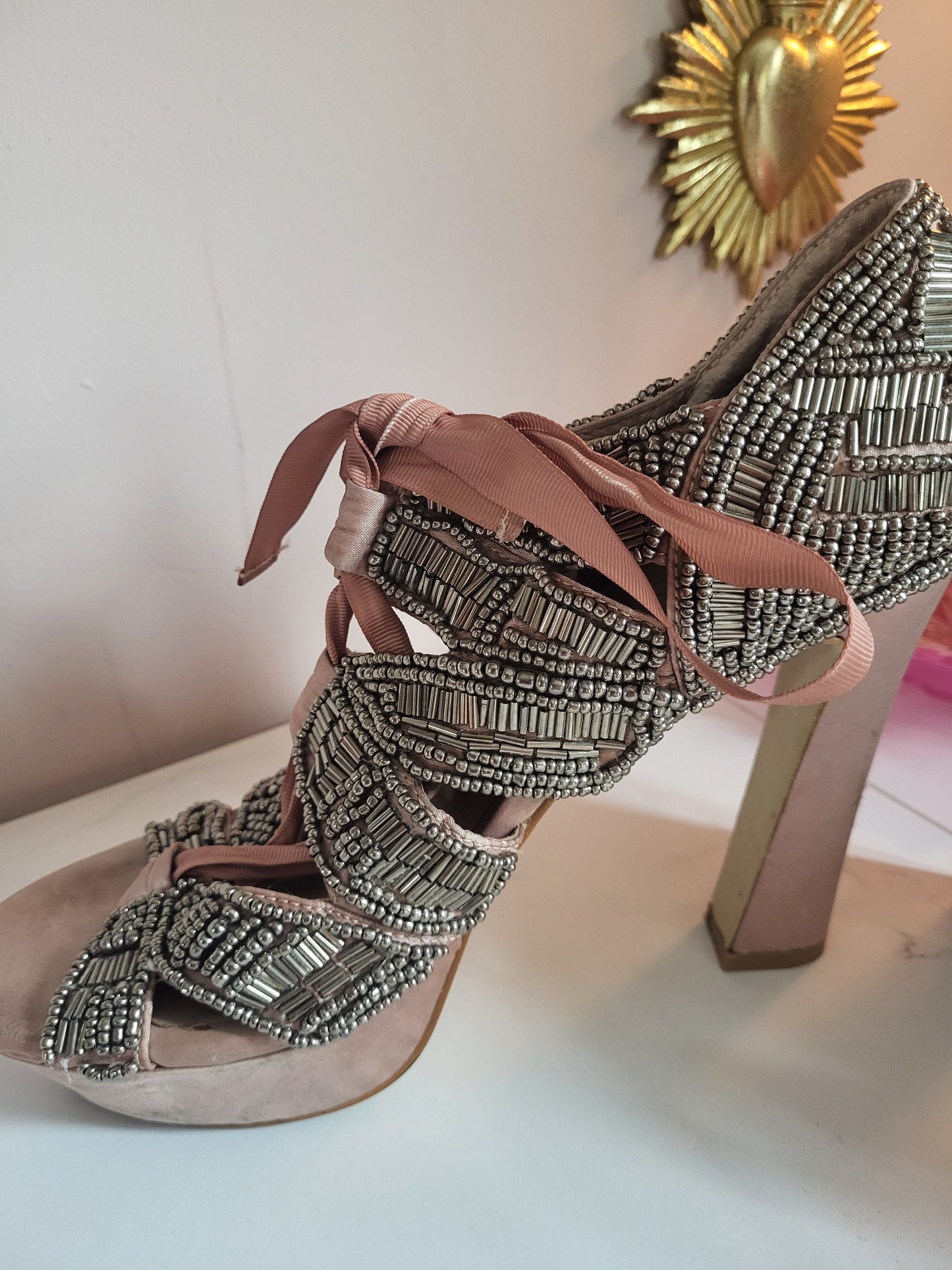 Vintage Fully Leather Lined Satin and Beaded Shoes