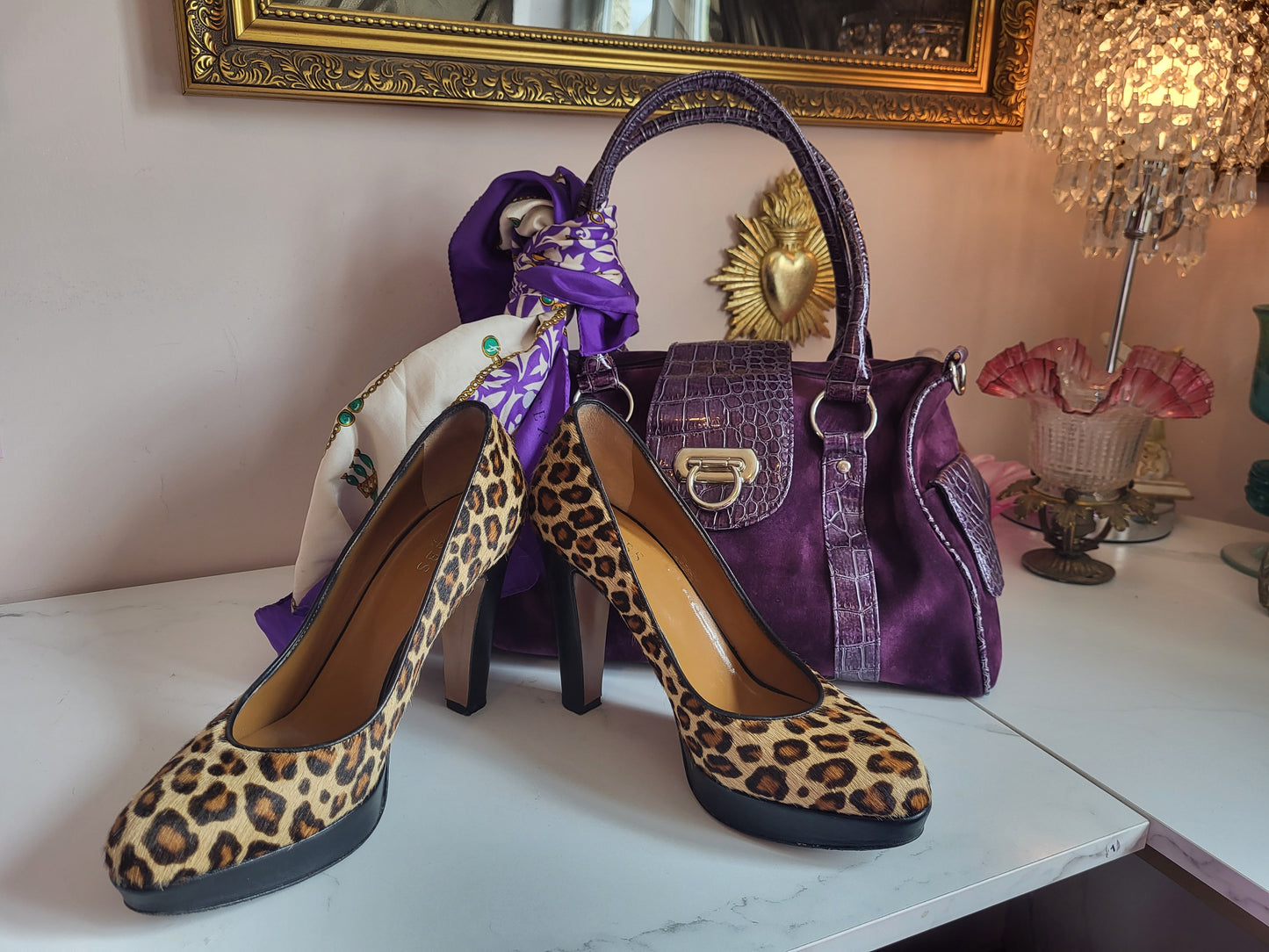Midnight Purple Velour Tote Bag with Faux Croc Detailing