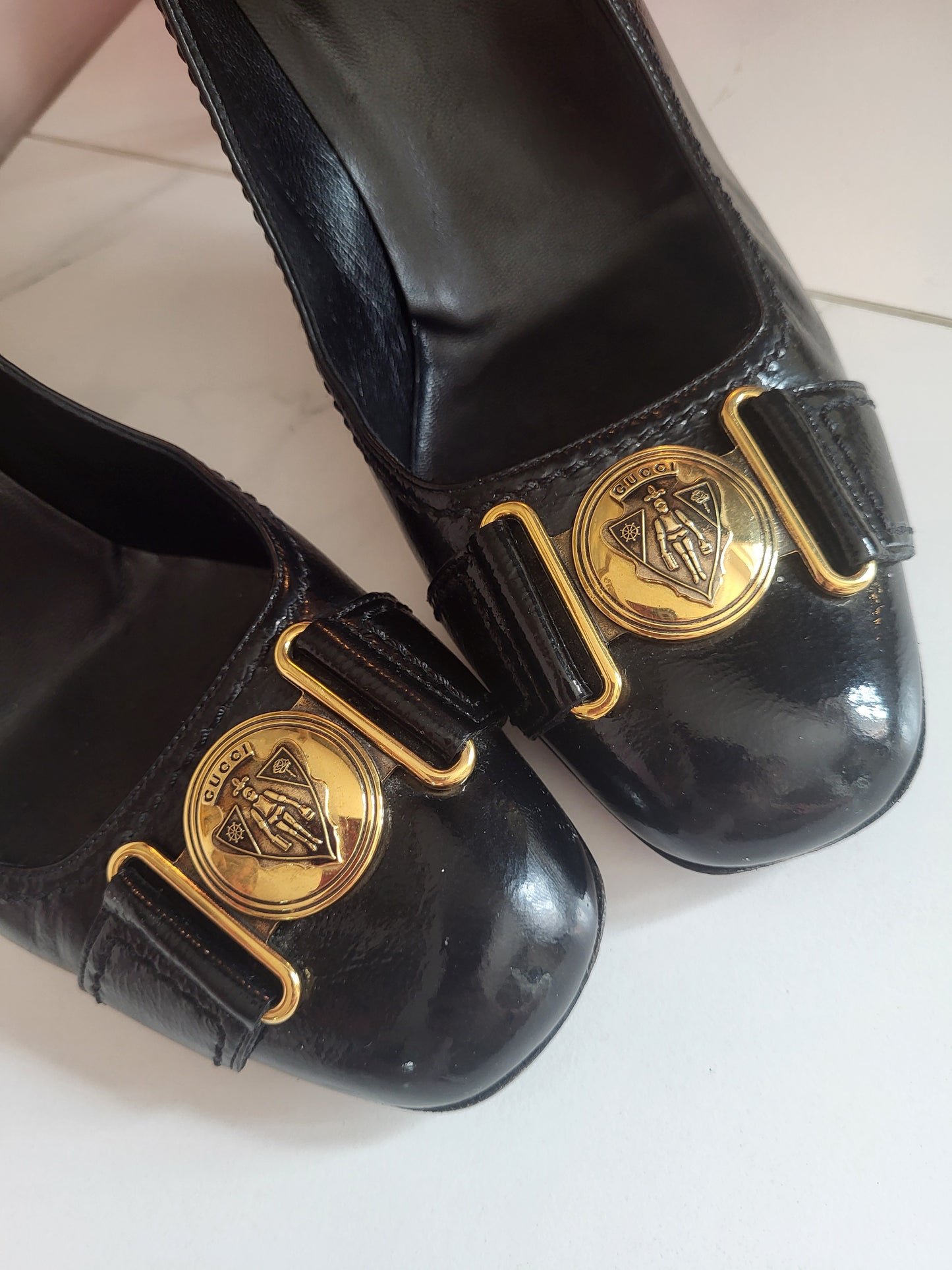 Gucci Patent Black Pump Heels with Brass Emblems