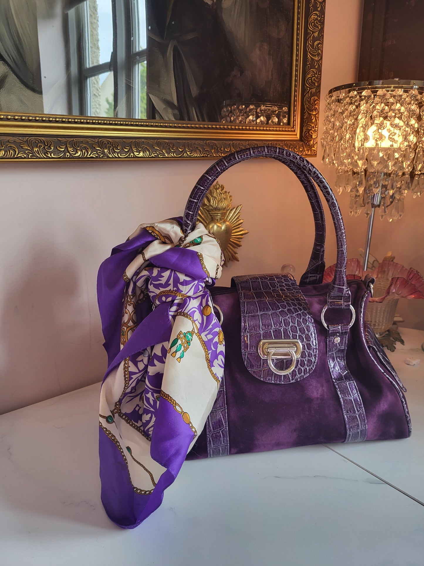 Midnight Purple Velour Tote Bag with Faux Croc Detailing