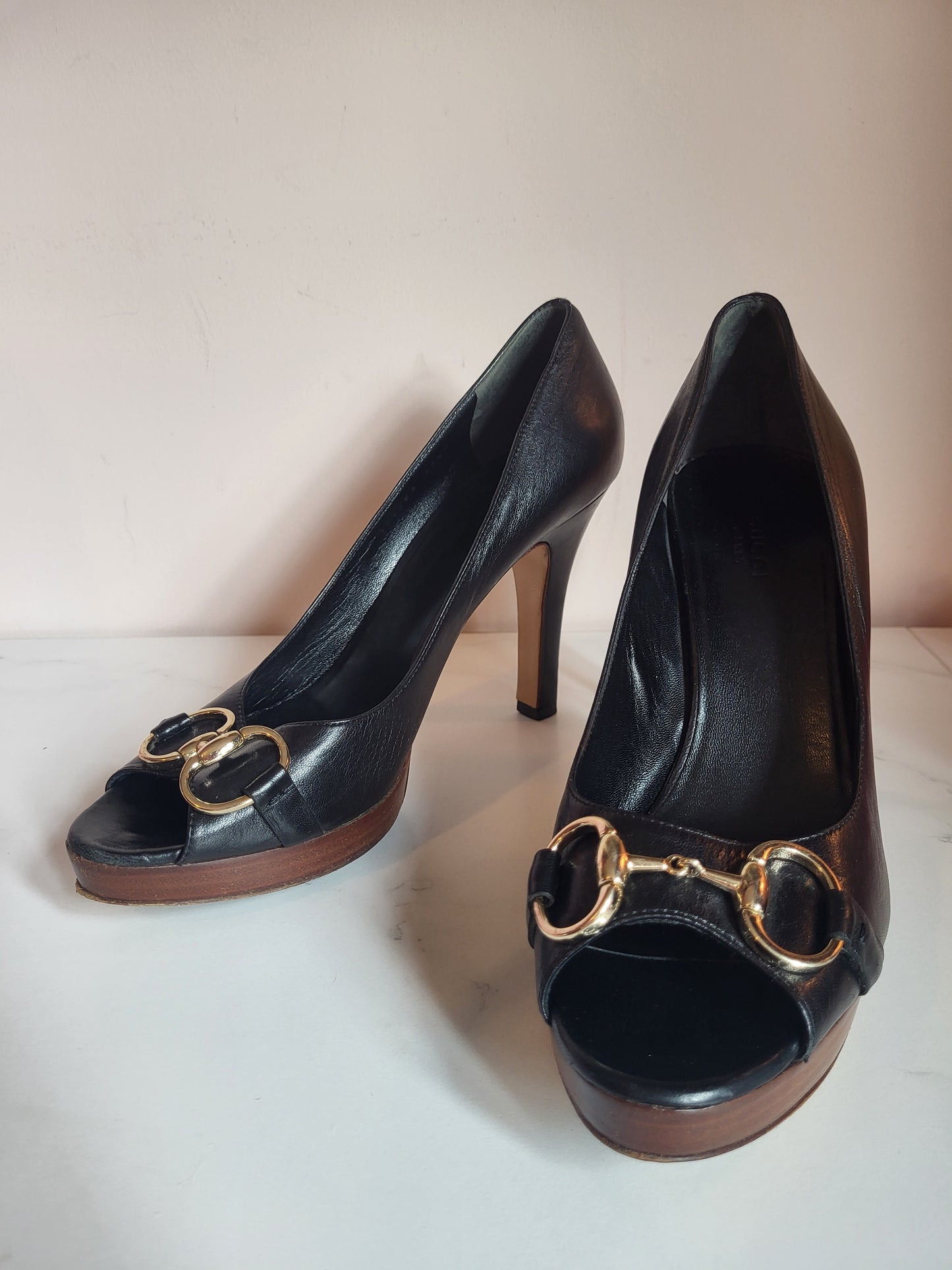 Gucci Black Classic Horsebit Peep Toe Platform Heels