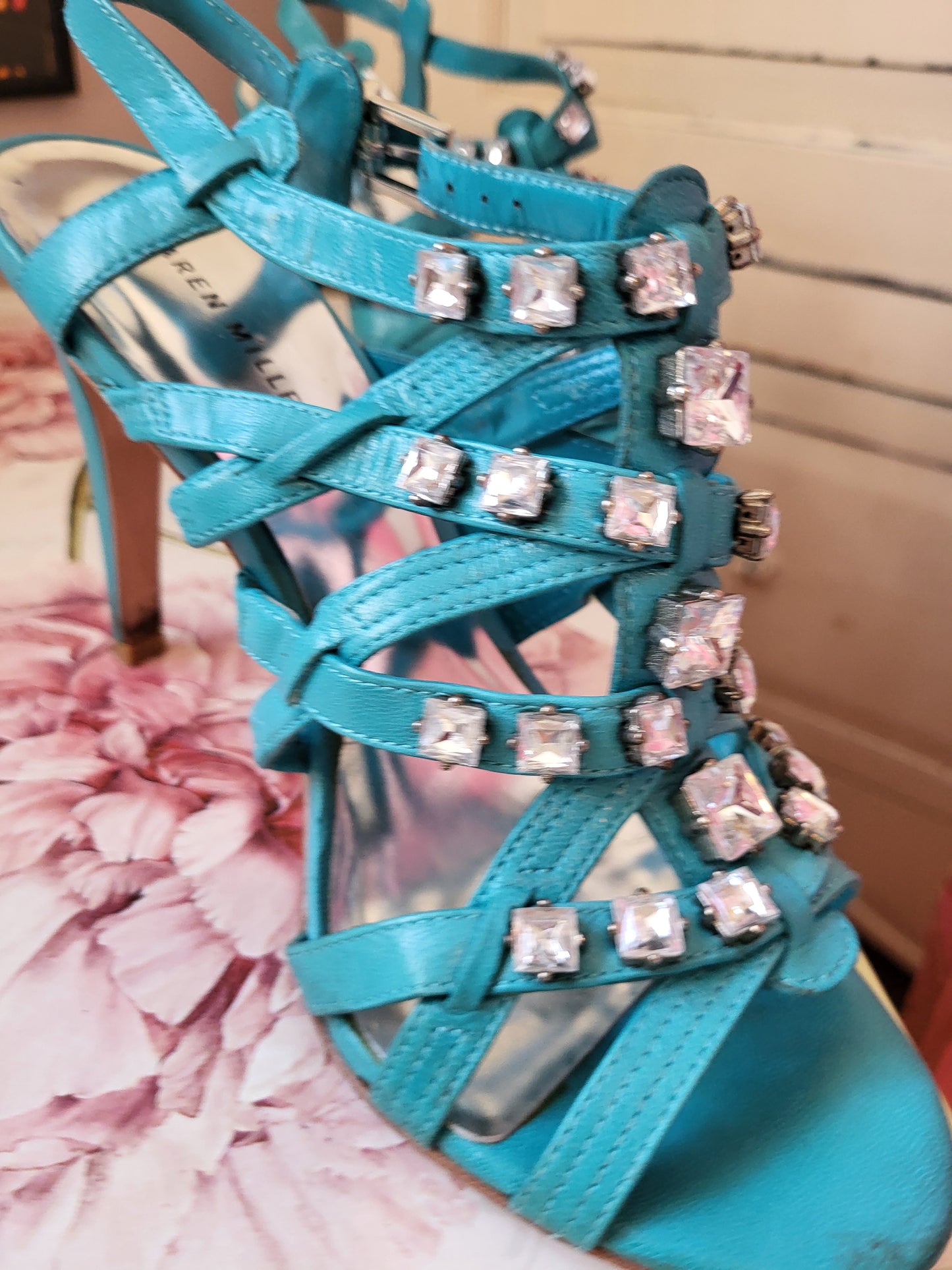 Karen Millen Turquoise Diamante Studded Heeled Sandals