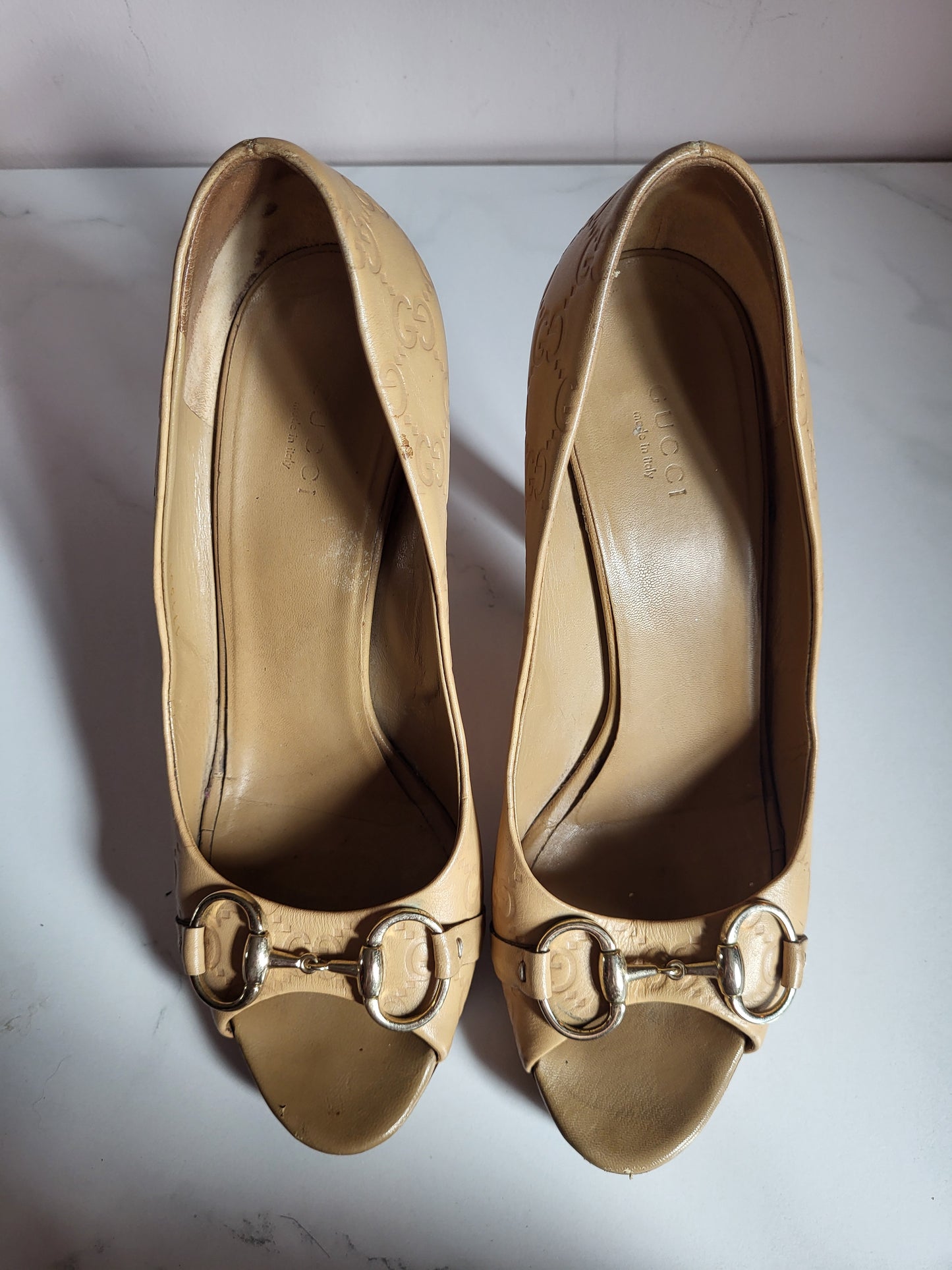 Gucci Tan Peep Toe Platform Heels