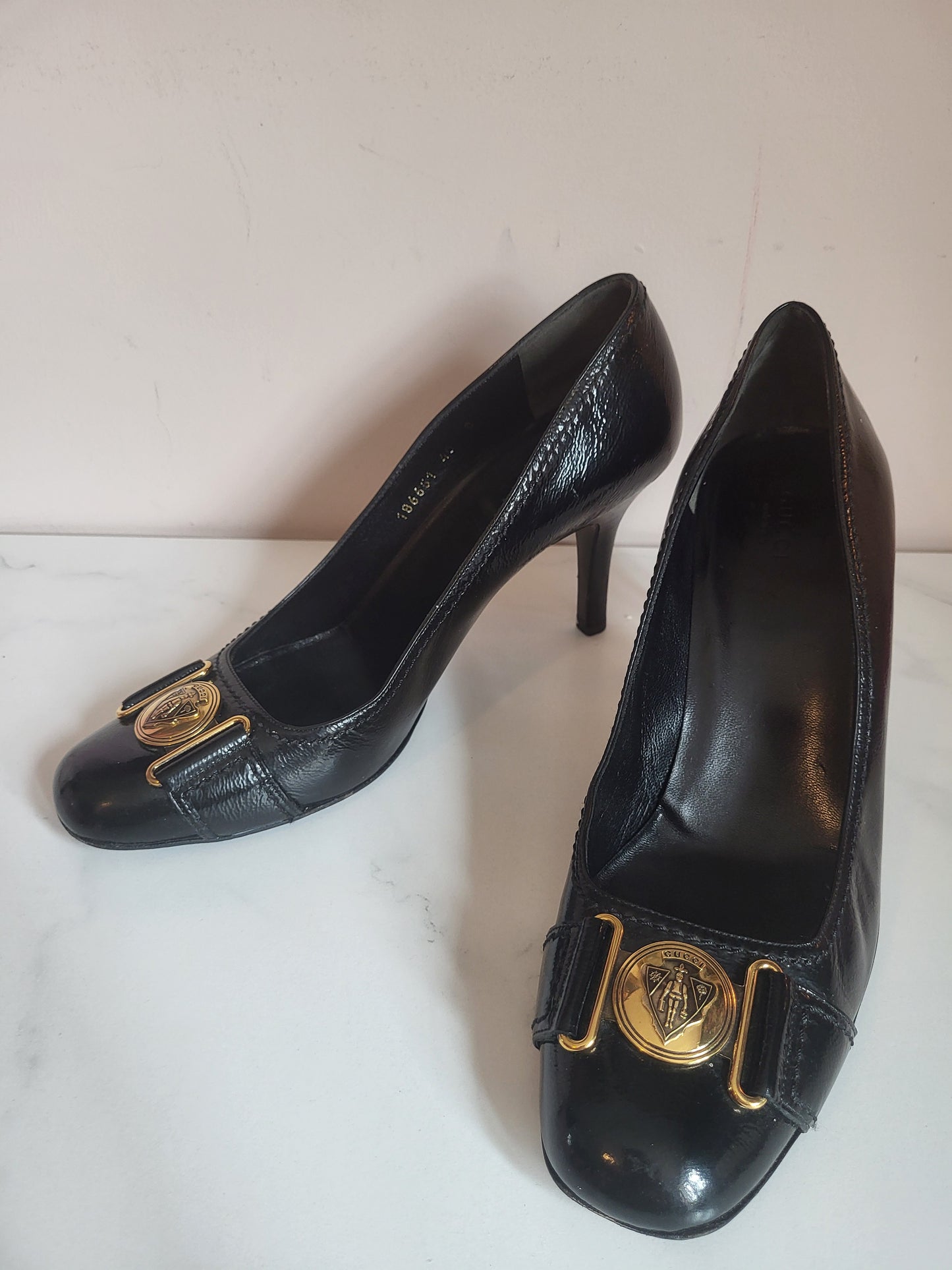 Gucci Patent Black Pump Heels with Brass Emblems