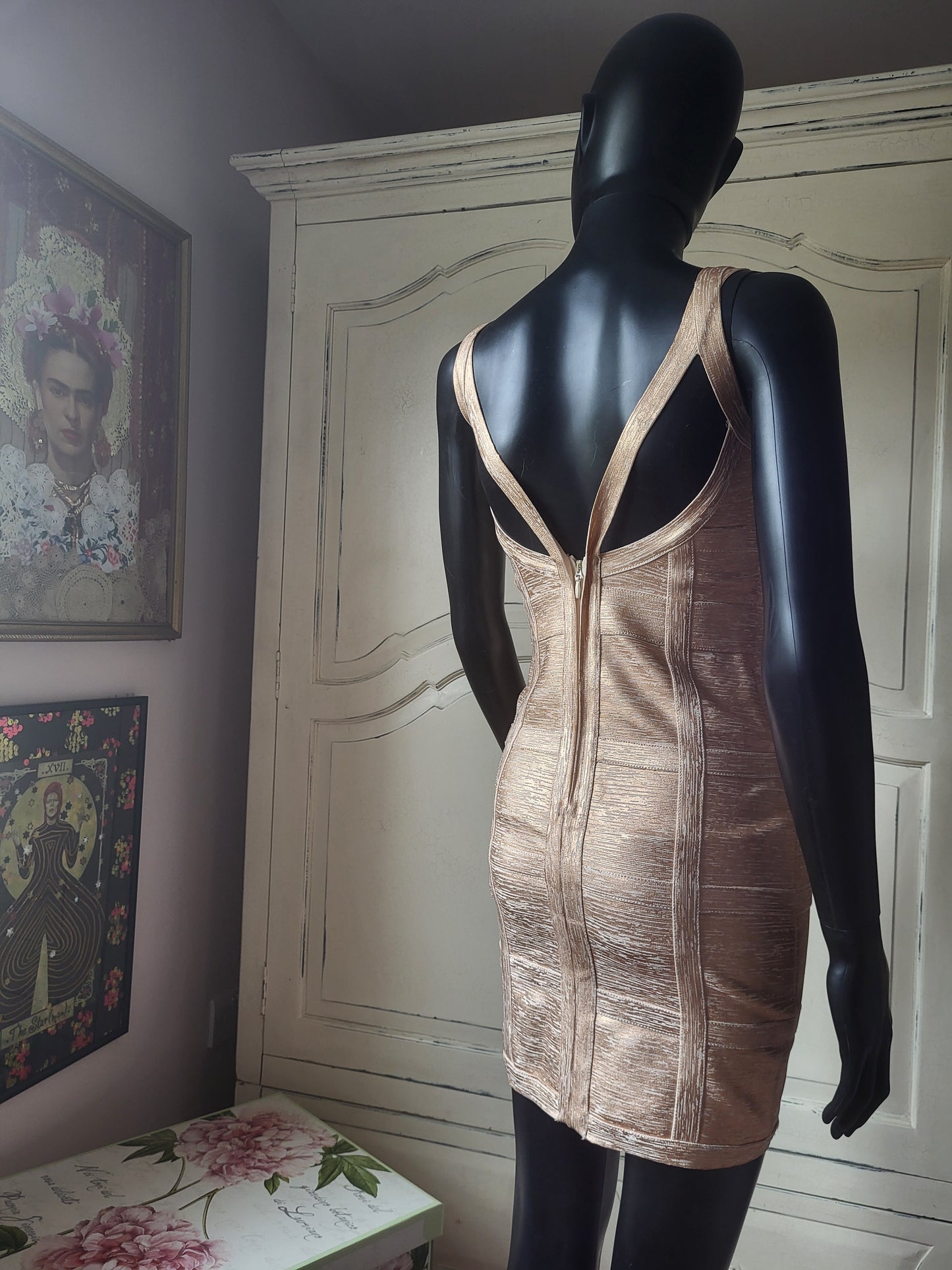 Molten Gold Bodycon Bandage Dress in the style of Hervé Léger