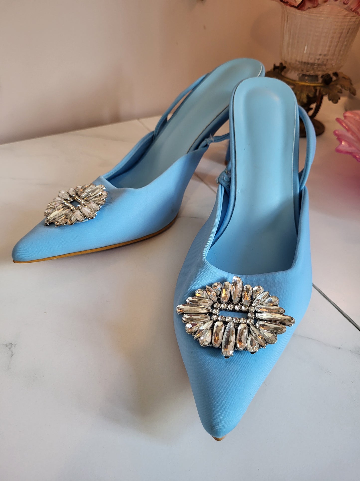 Cornflower Blue Diamante Sling back Heels in the style of Manolo Blahnik