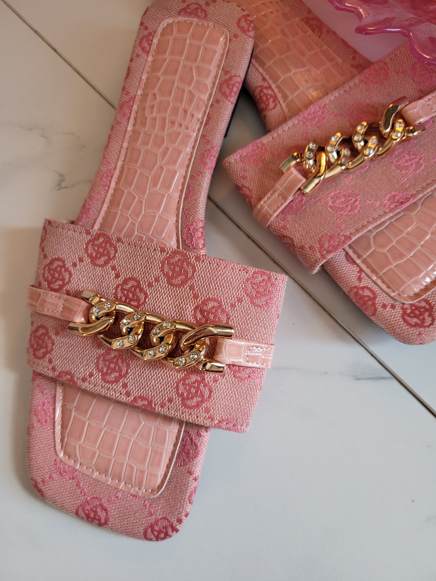 Pink Slip on Mules with Diamante Gold Chain detail