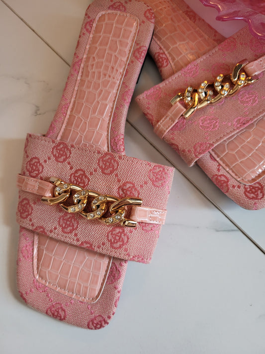 Pink Slip on Mules with Diamante Gold Chain detail