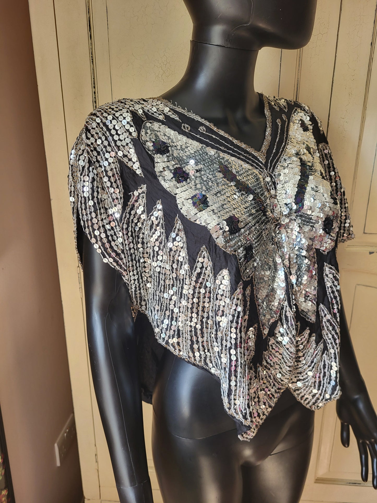Vintage Made in India 100% Silk Embroidered Butterfly Poncho