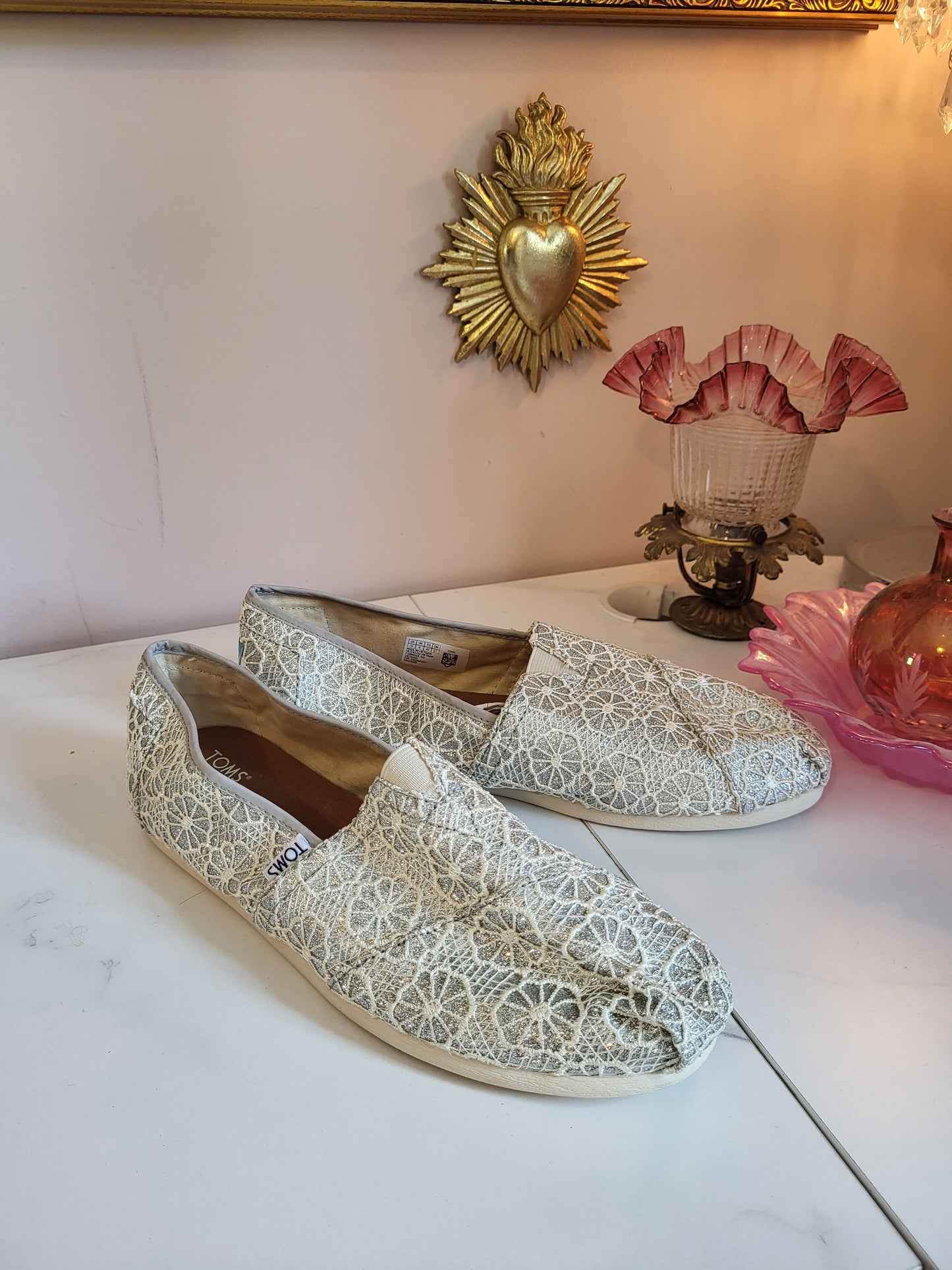 TOMS Soft Silver Shimmer Slip on Espadrilles