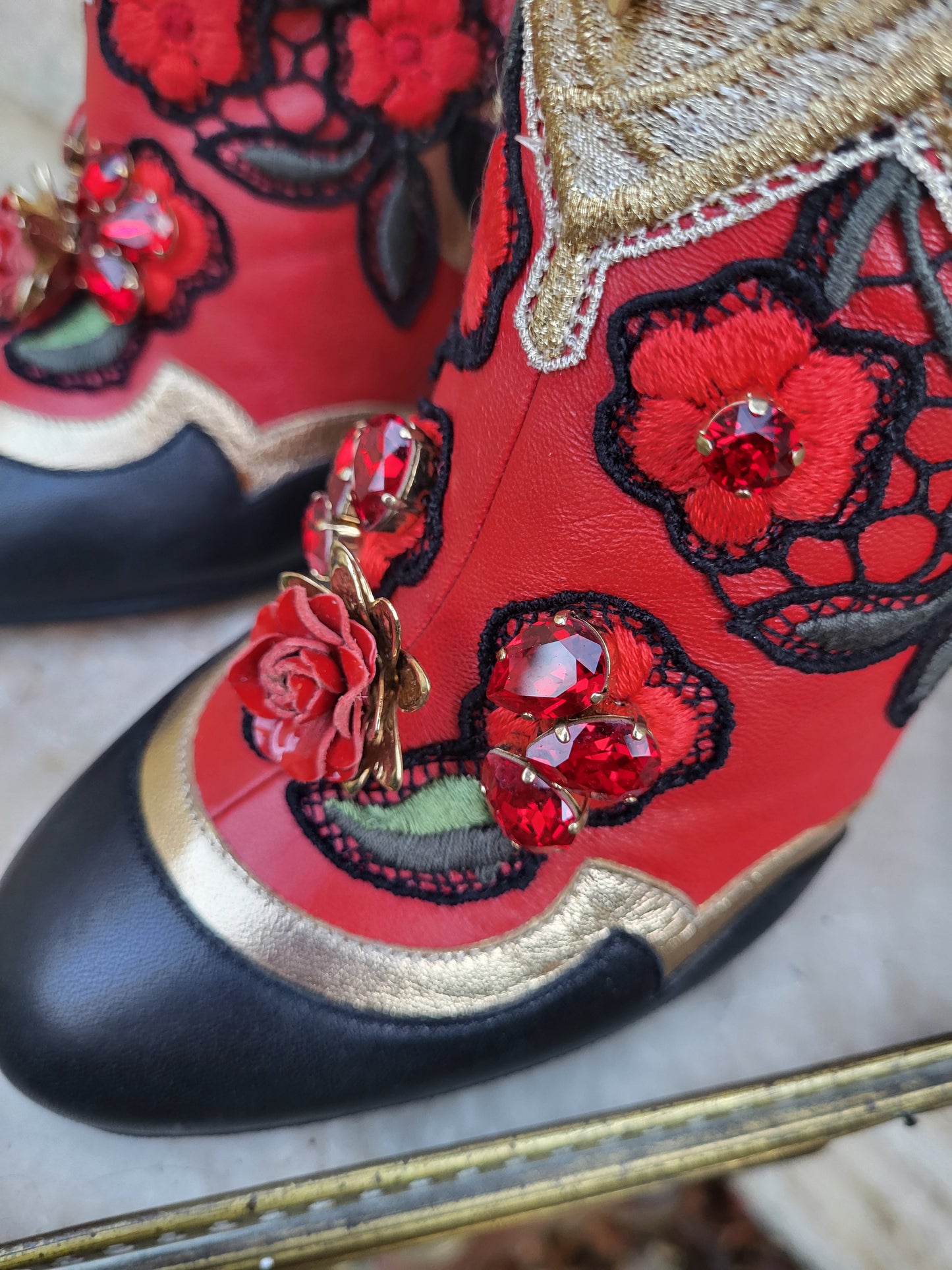 Dolce & Gabbana Baroque Embellished Red Leather Boots