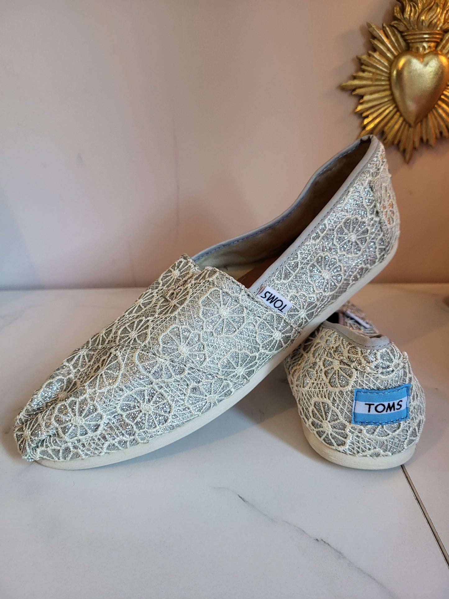TOMS Soft Silver Shimmer Slip on Espadrilles