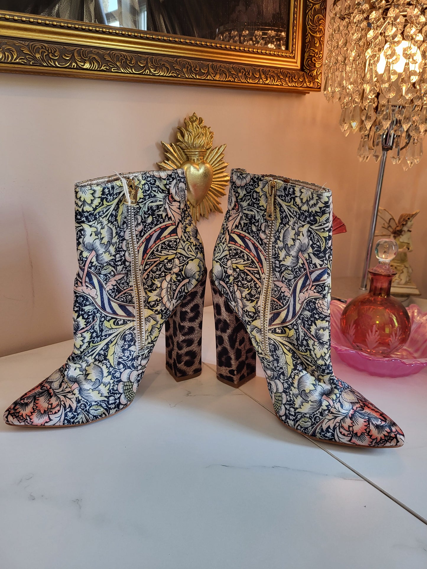 Vintage Satin Just Cavalli Floral and Leopard Print Ankle Boots