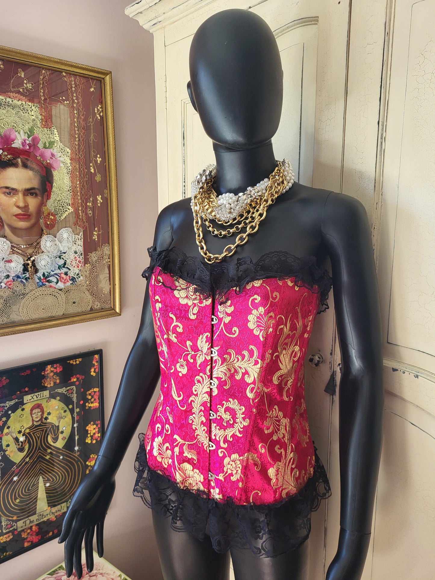 Fuchsia and Gold Basque with Black Lace Trim