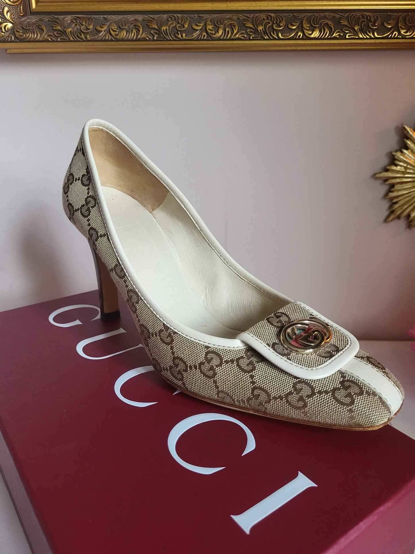 Gucci Classic Print Court Heels with Brass Emblems