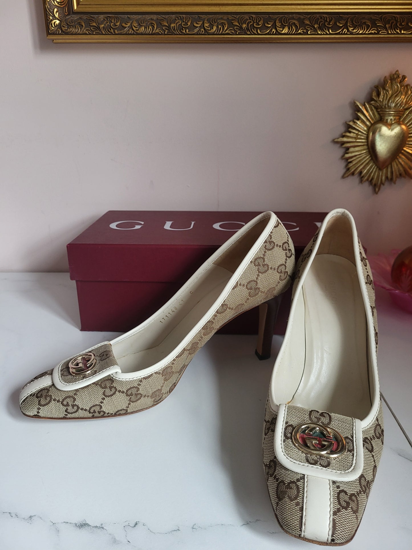 Gucci Classic Print Court Heels with Brass Emblems