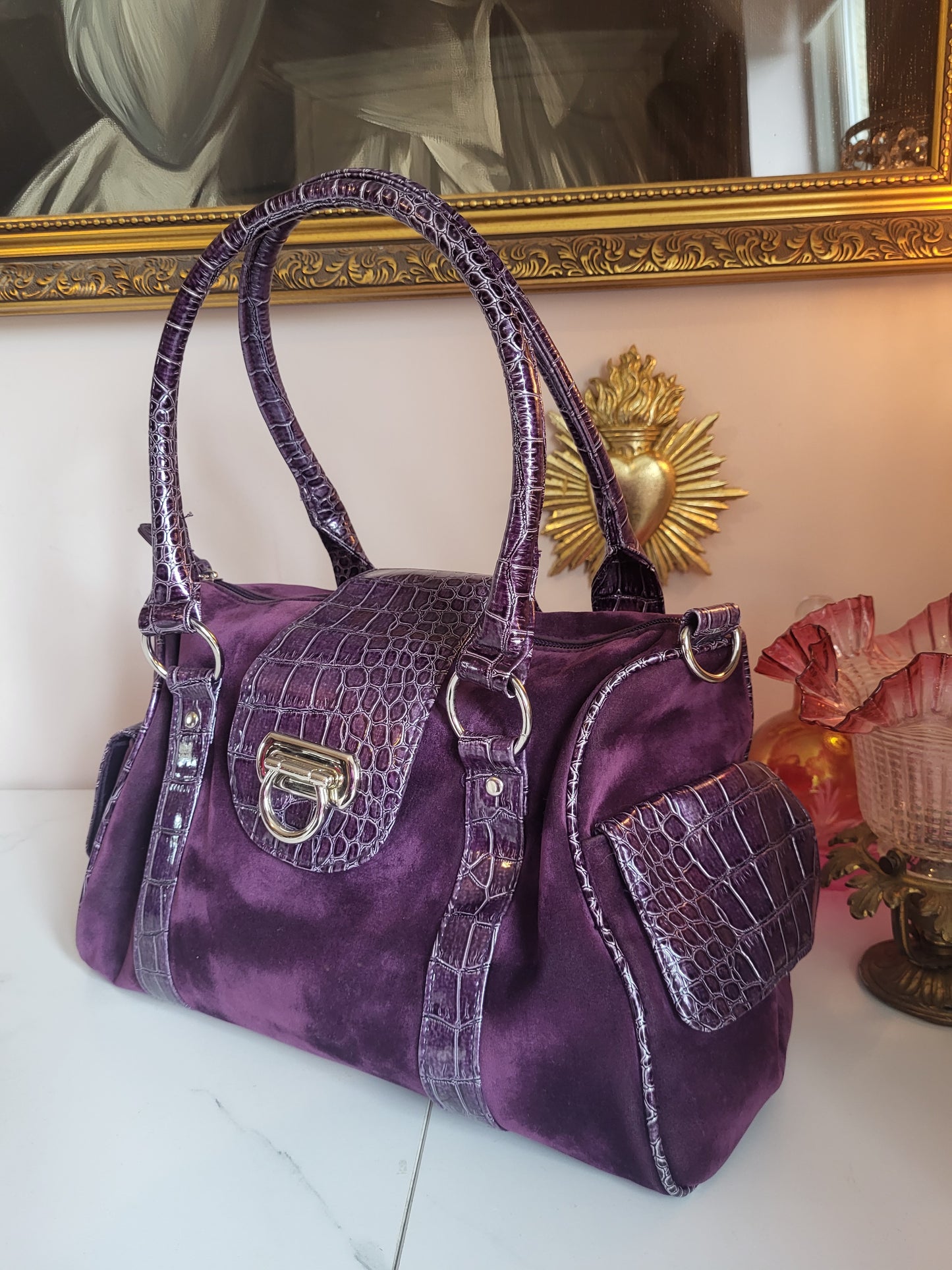 Midnight Purple Velour Tote Bag with Faux Croc Detailing