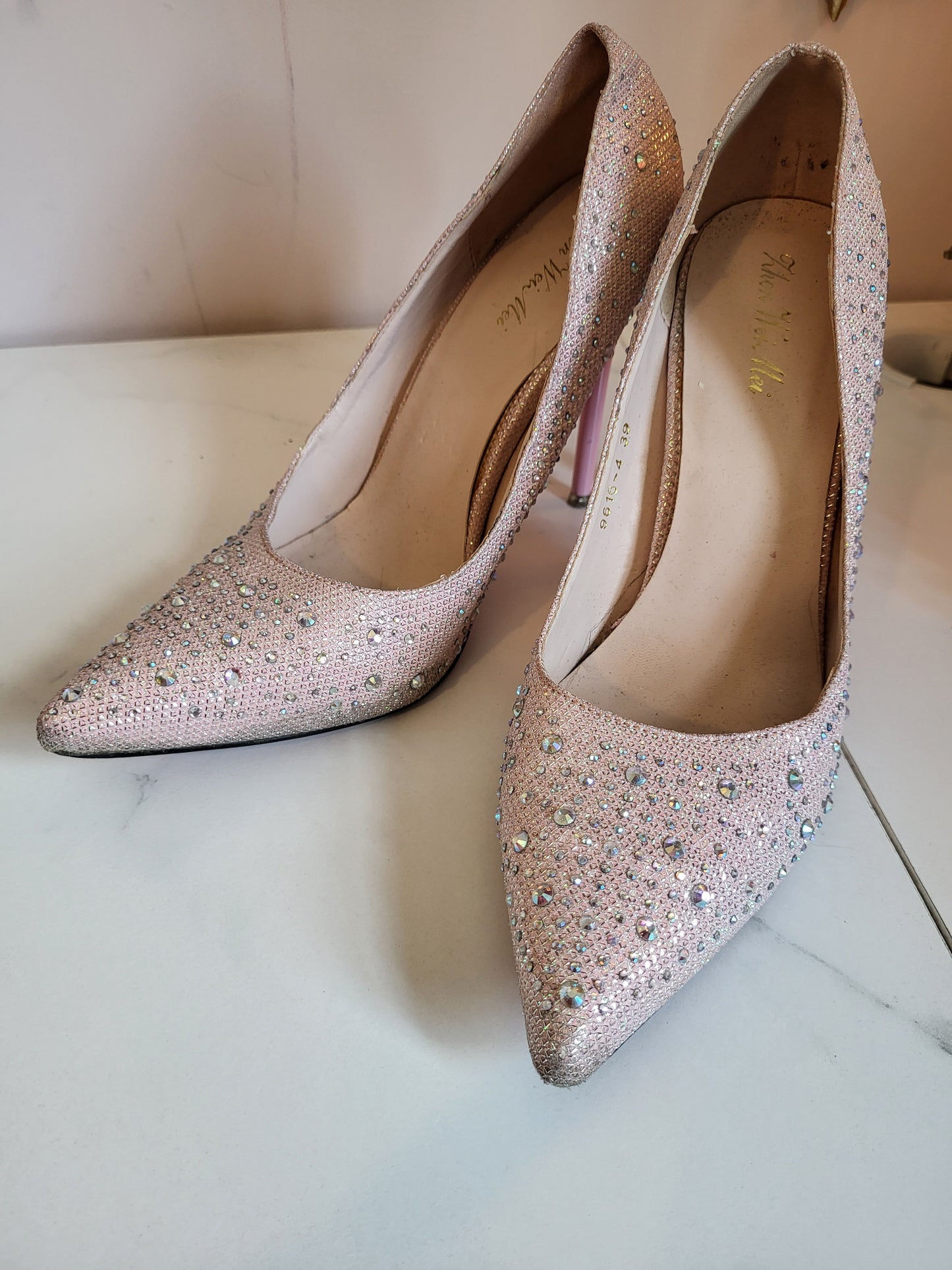 Pink Diamante Heels with Red Soles