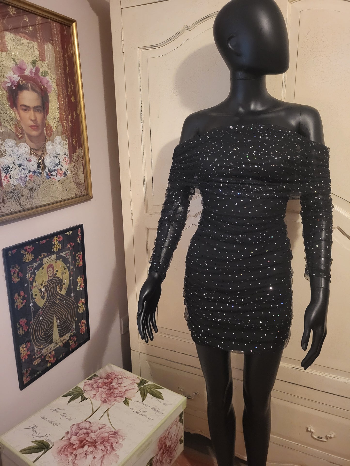 Sheer Off the Shoulder Diamante Black Mini Dress