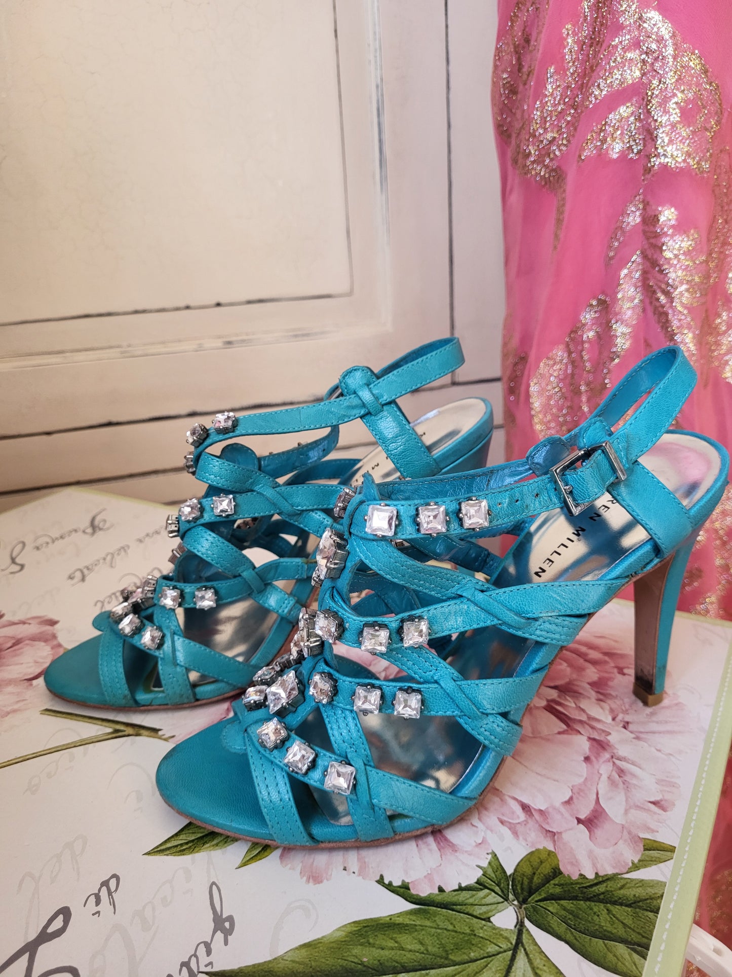 Karen Millen Turquoise Diamante Studded Heeled Sandals
