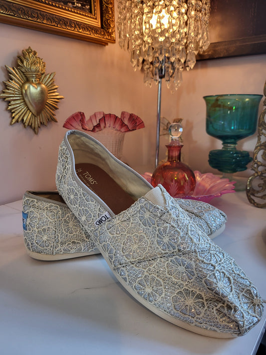 TOMS Soft Silver Shimmer Slip on Espadrilles