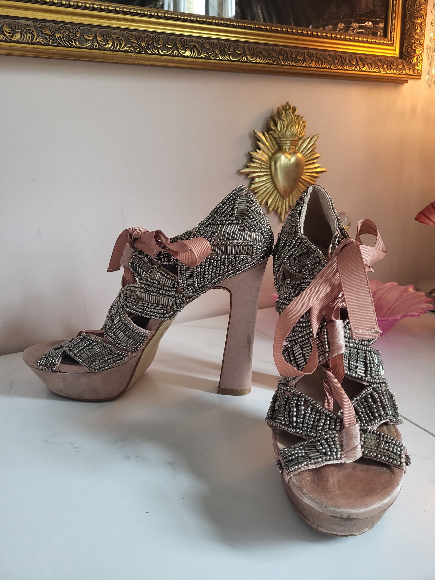 Vintage Fully Leather Lined Satin and Beaded Shoes