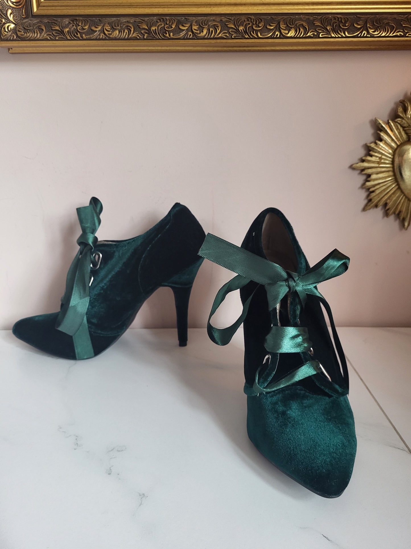 Emerald Velvet Ribbon-Tie Shoe Boots