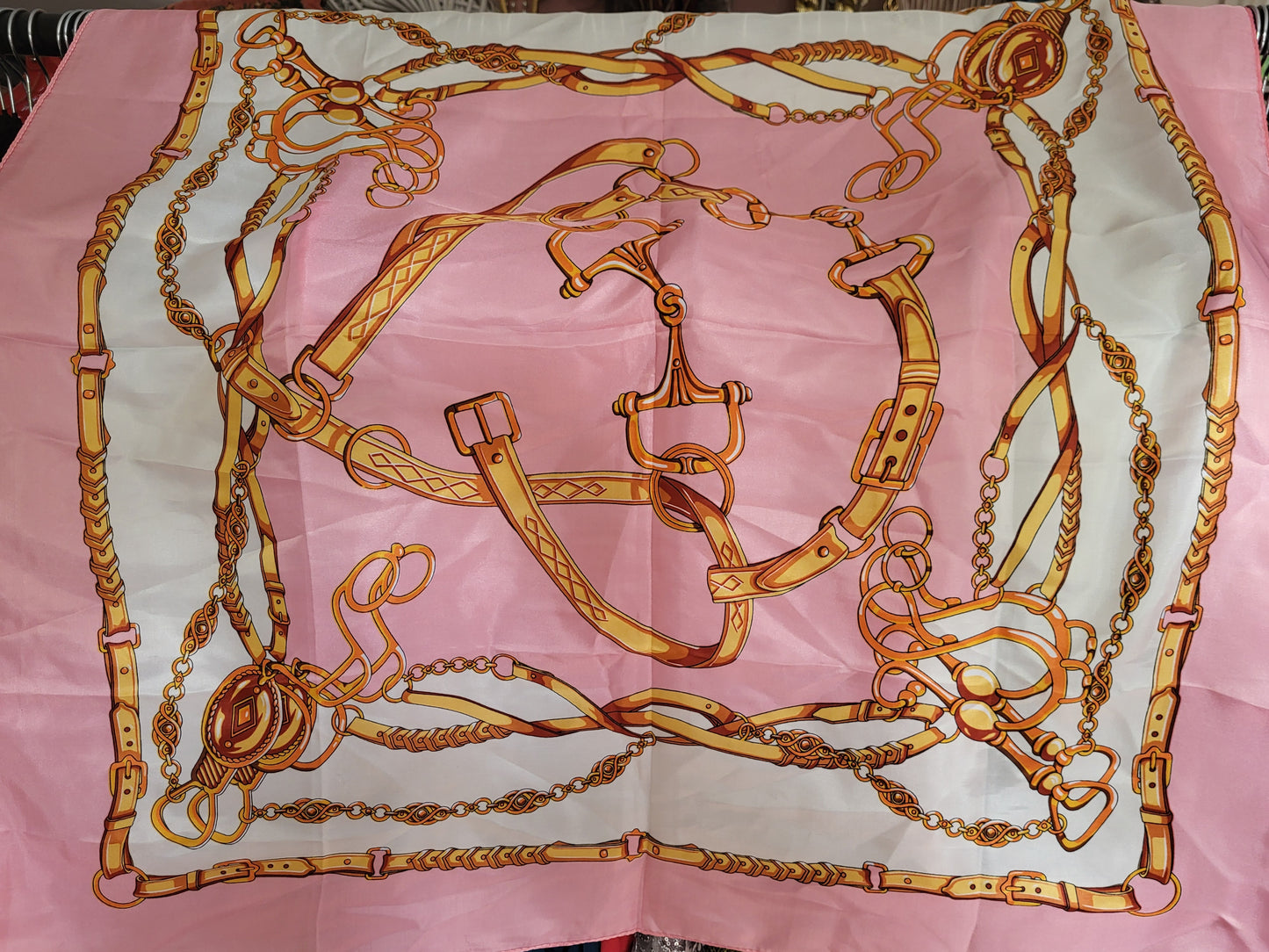 Pink and Cream Chain Detail imitation Silk Scarf