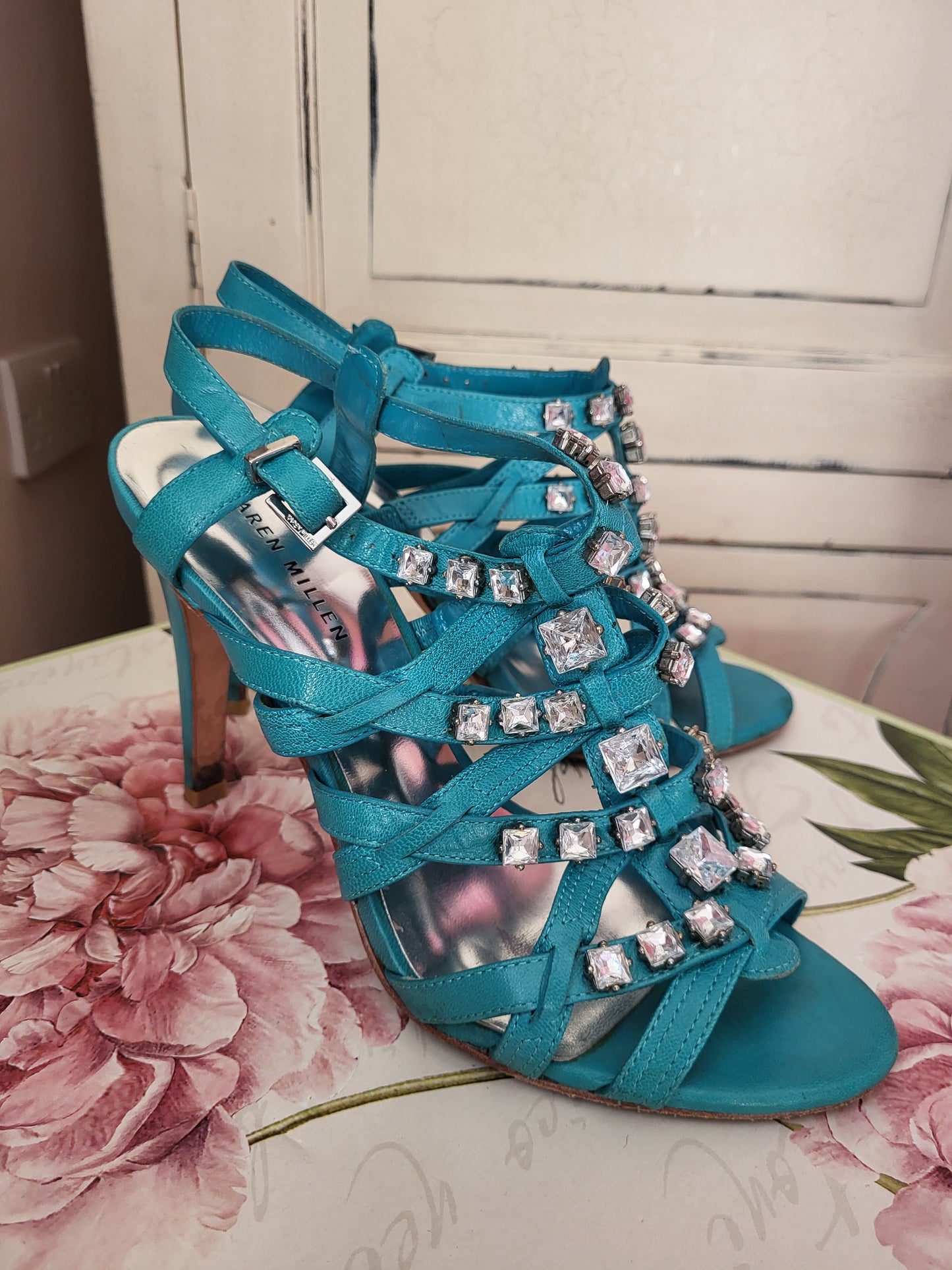 Karen Millen Turquoise Diamante Studded Heeled Sandals