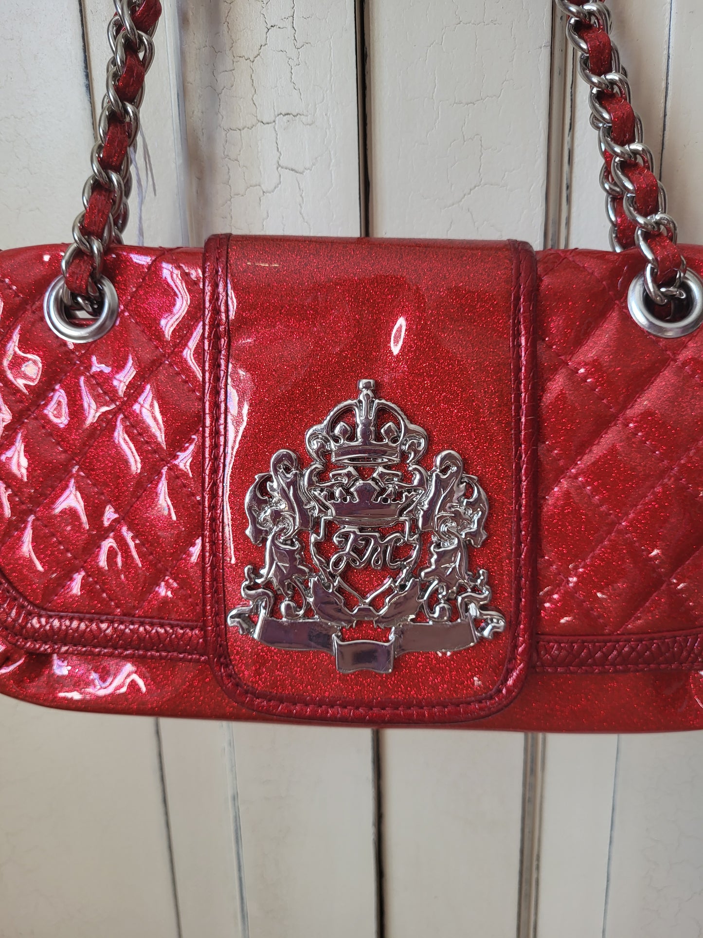 Julian Macdonald Red Patent Glitter Chain Bag with Silver Emblem