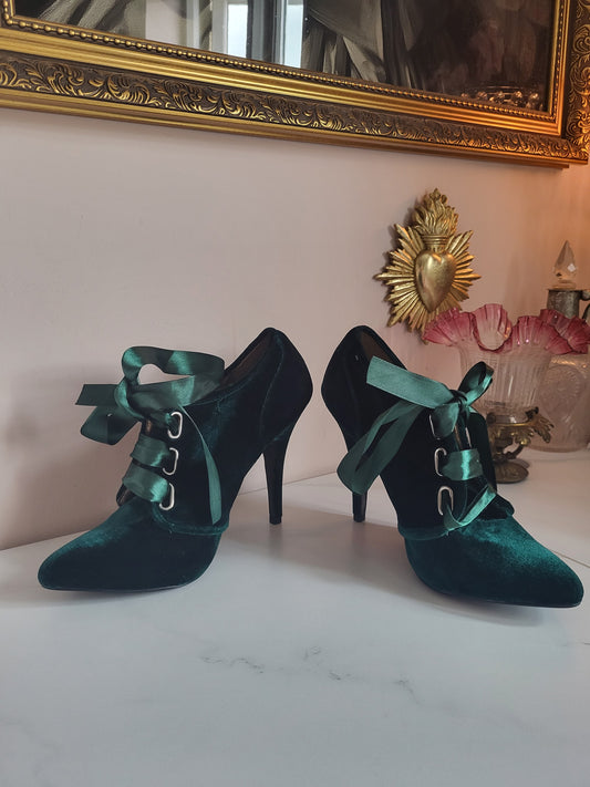 Emerald Velvet Ribbon-Tie Shoe Boots