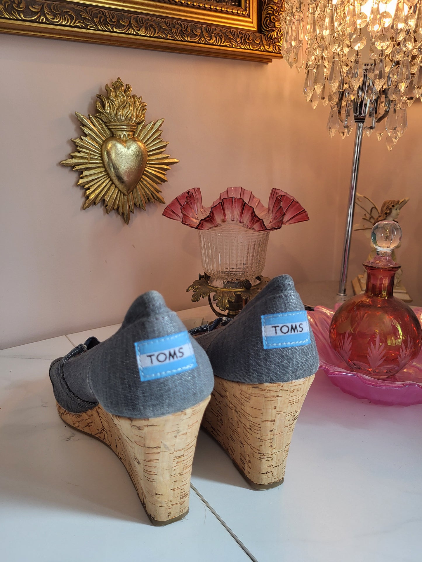 TOMS Grey Canvas Peep Toe Wedges