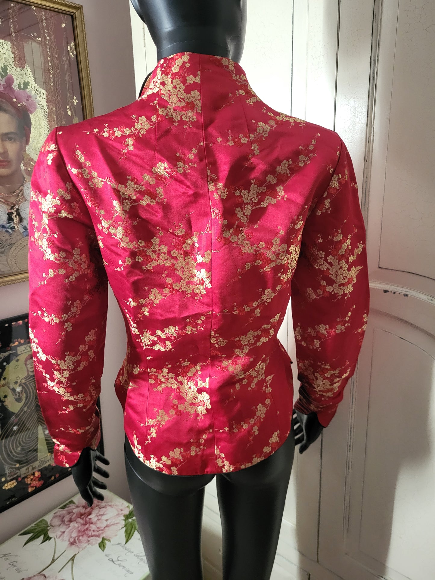 Tailor Lau Silk Red Floral Jacquard Jacket with Gold Brocade fastenings