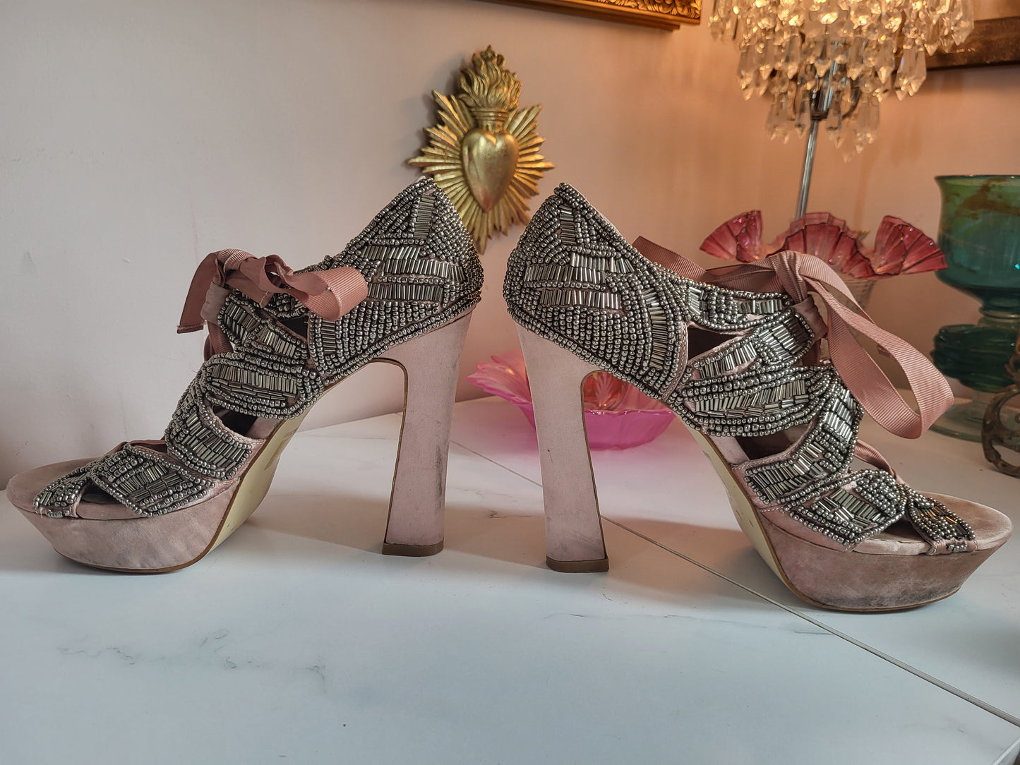 Vintage Fully Leather Lined Satin and Beaded Shoes