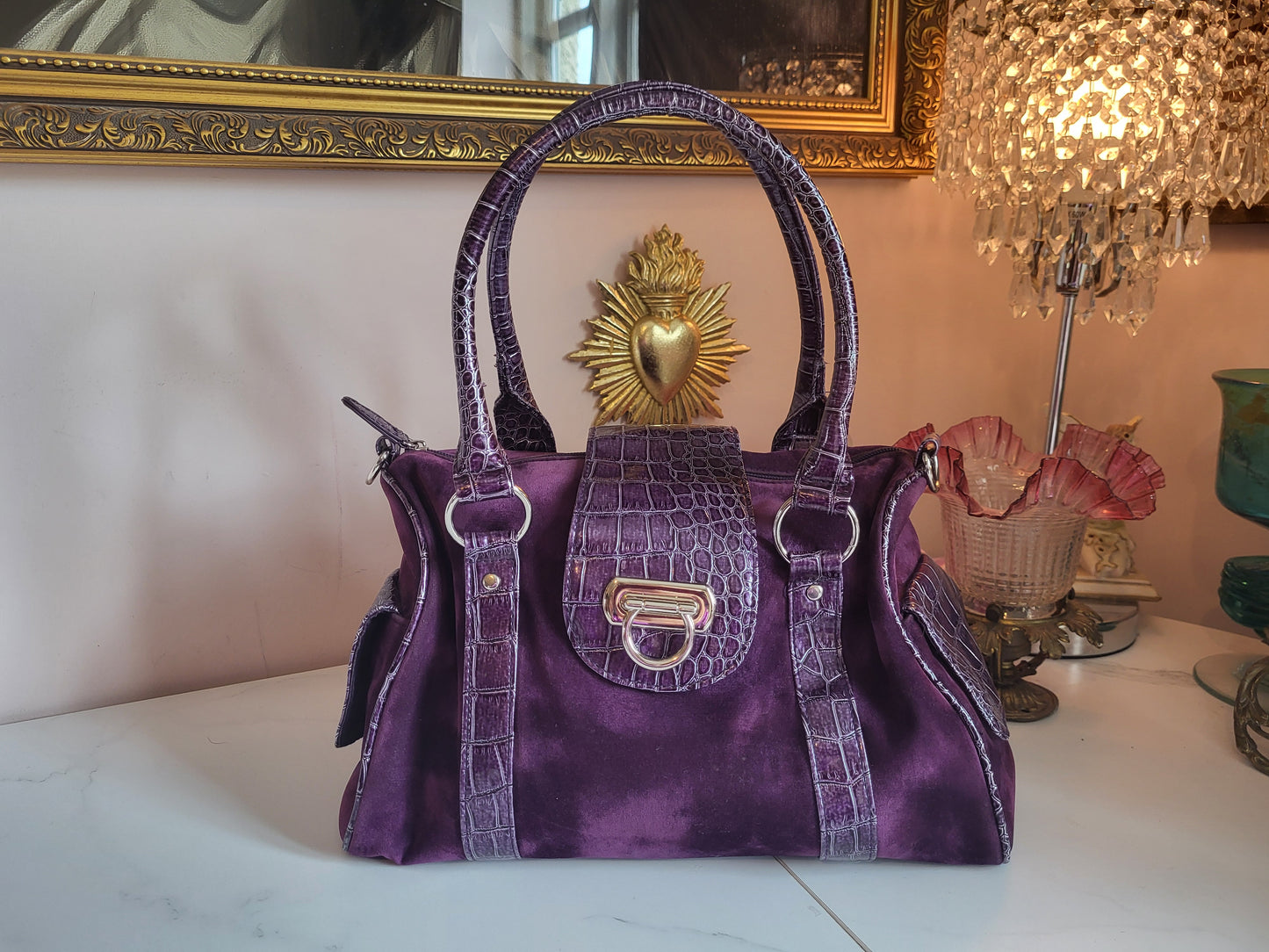 Midnight Purple Velour Tote Bag with Faux Croc Detailing