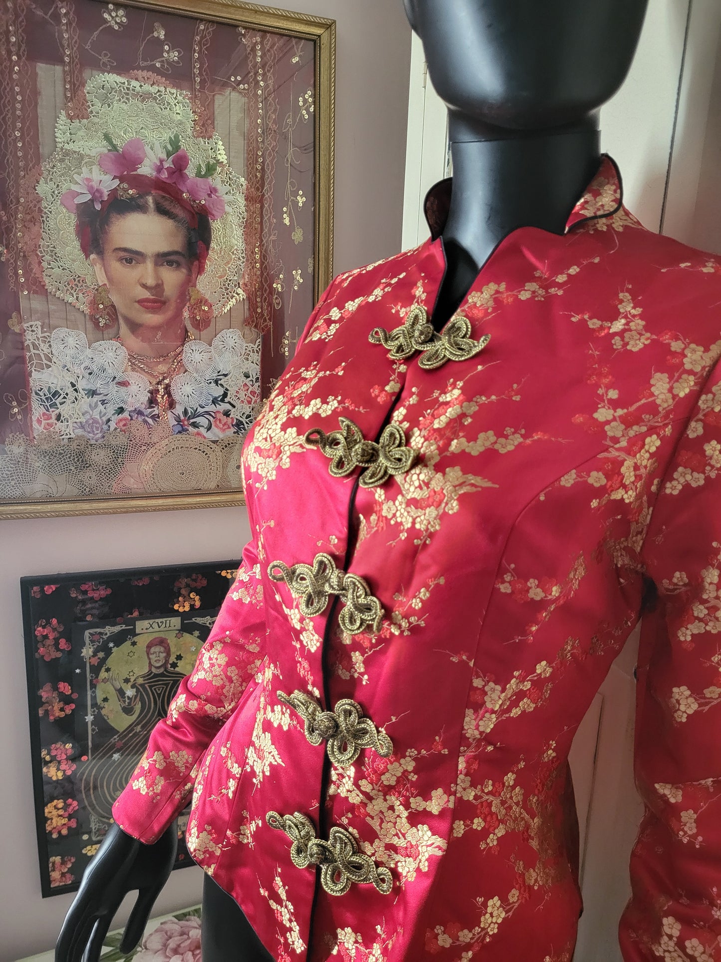 Tailor Lau Silk Red Floral Jacquard Jacket with Gold Brocade fastenings