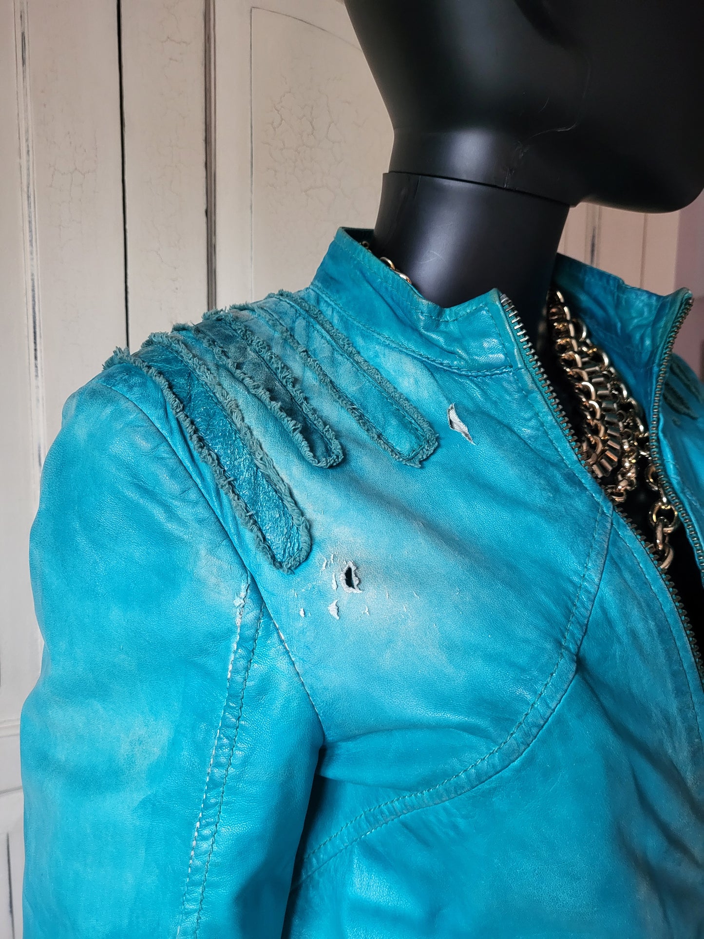 Vintage Maje Turquoise Distressed Leather Jacket