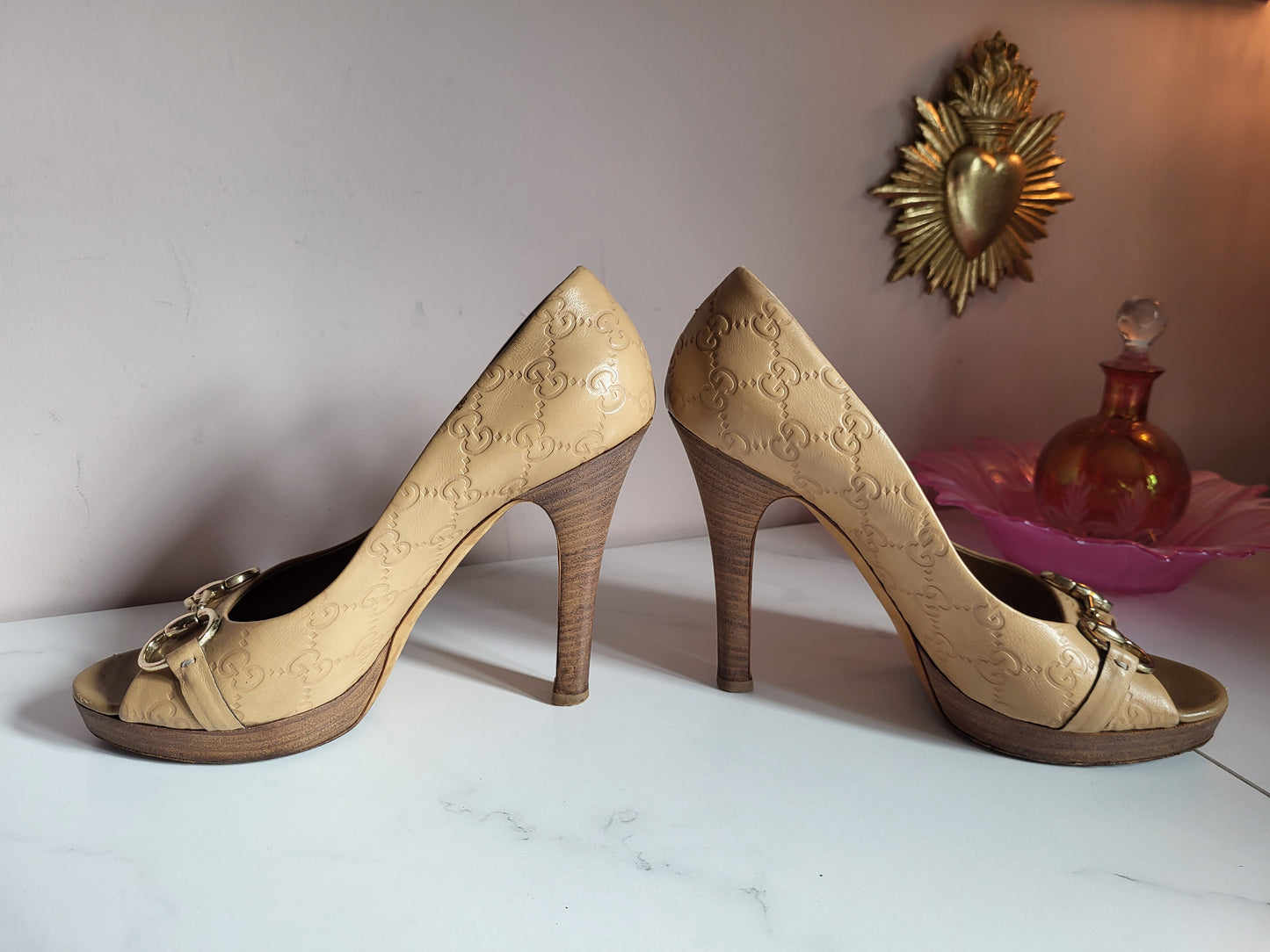 Gucci Tan Peep Toe Platform Heels