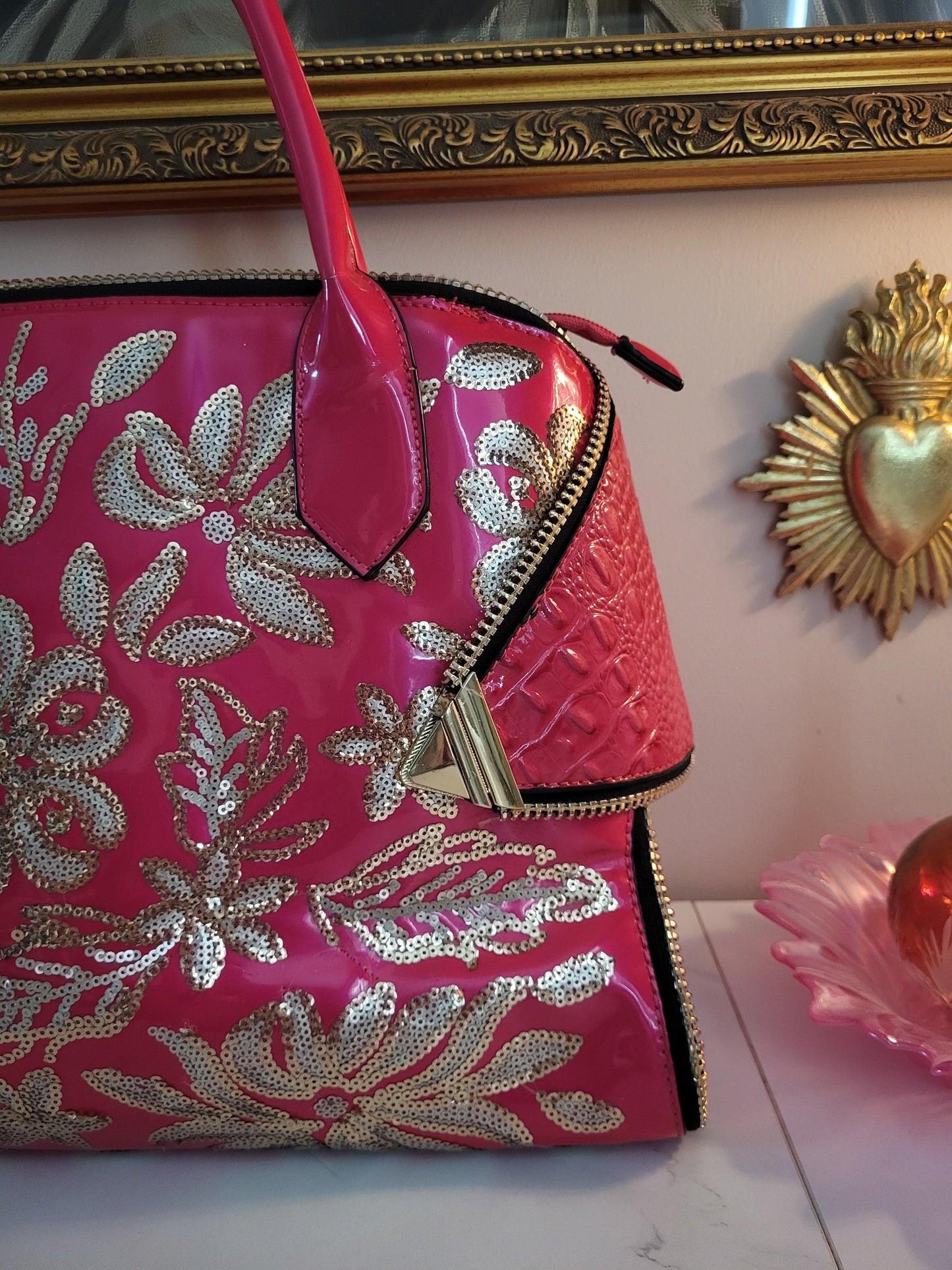 Giant Patent Pink Fuchsia Bag with Sequins