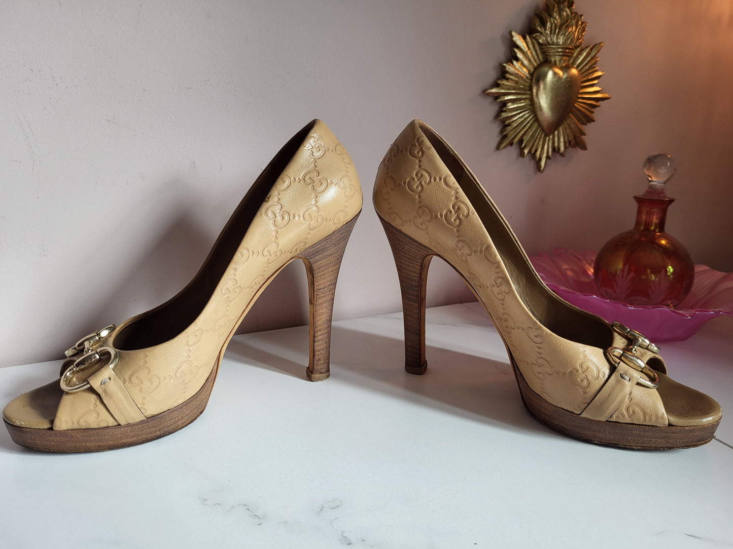 Gucci Tan Peep Toe Platform Heels