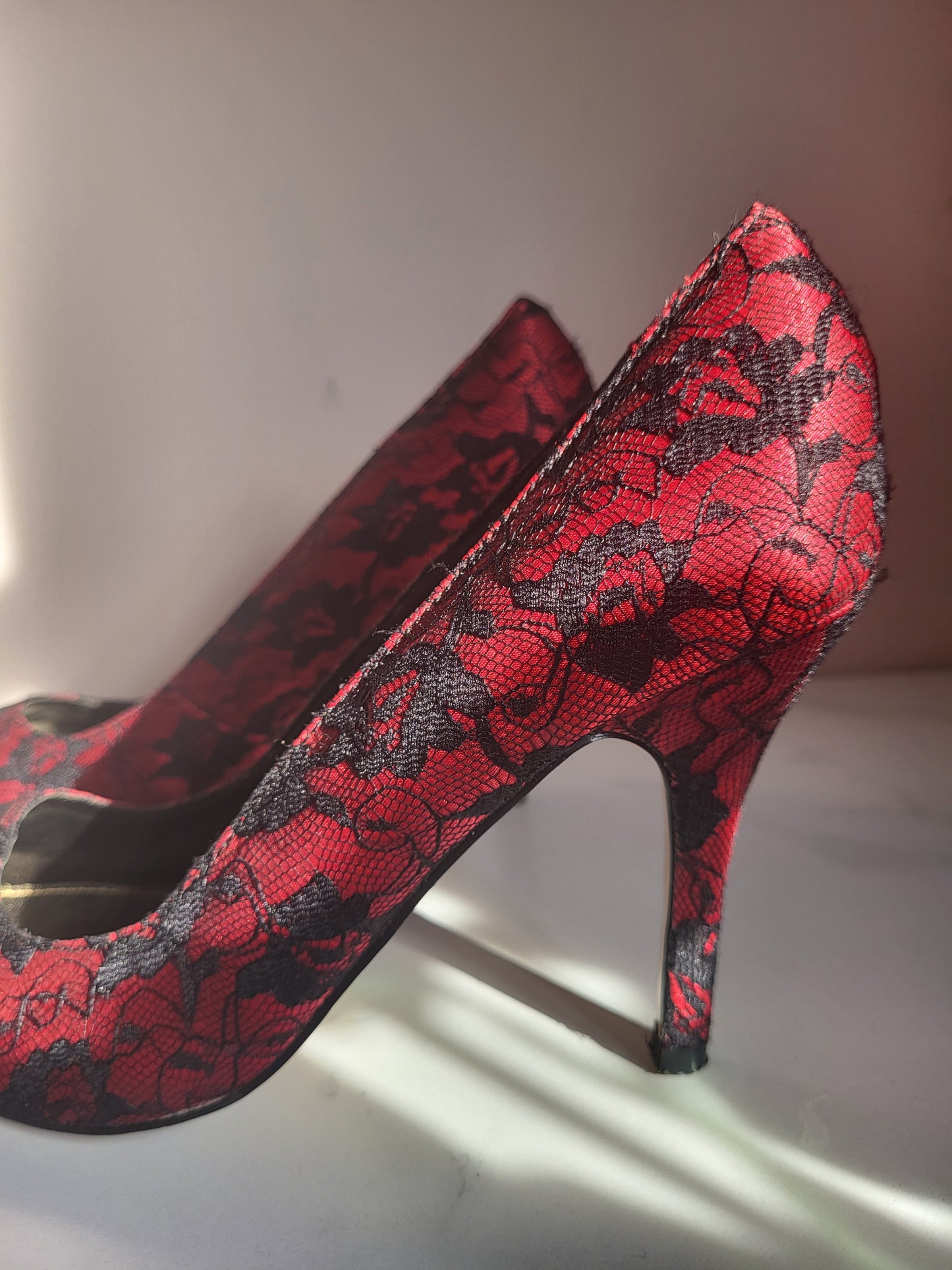 Crimson and Black Lace Detail Court Heels