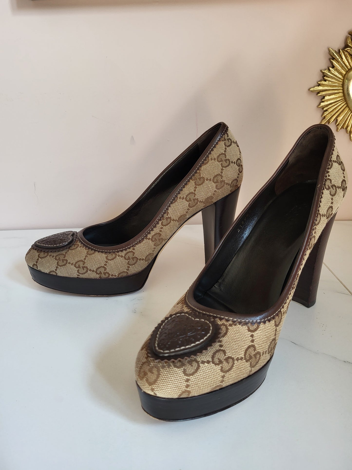 Gucci Leather Lined Classic Print Platform Heels