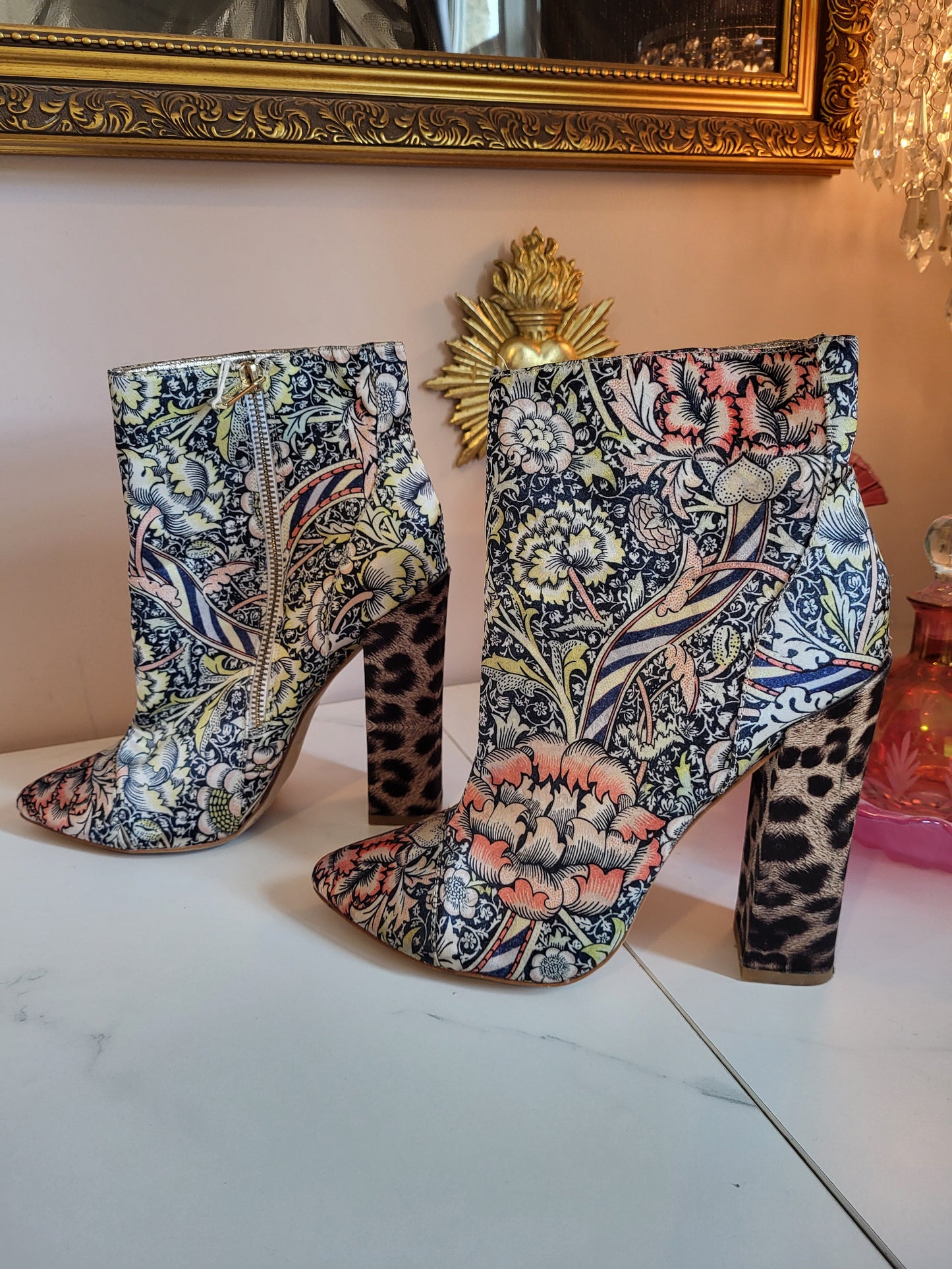Vintage Satin Just Cavalli Floral and Leopard Print Ankle Boots
