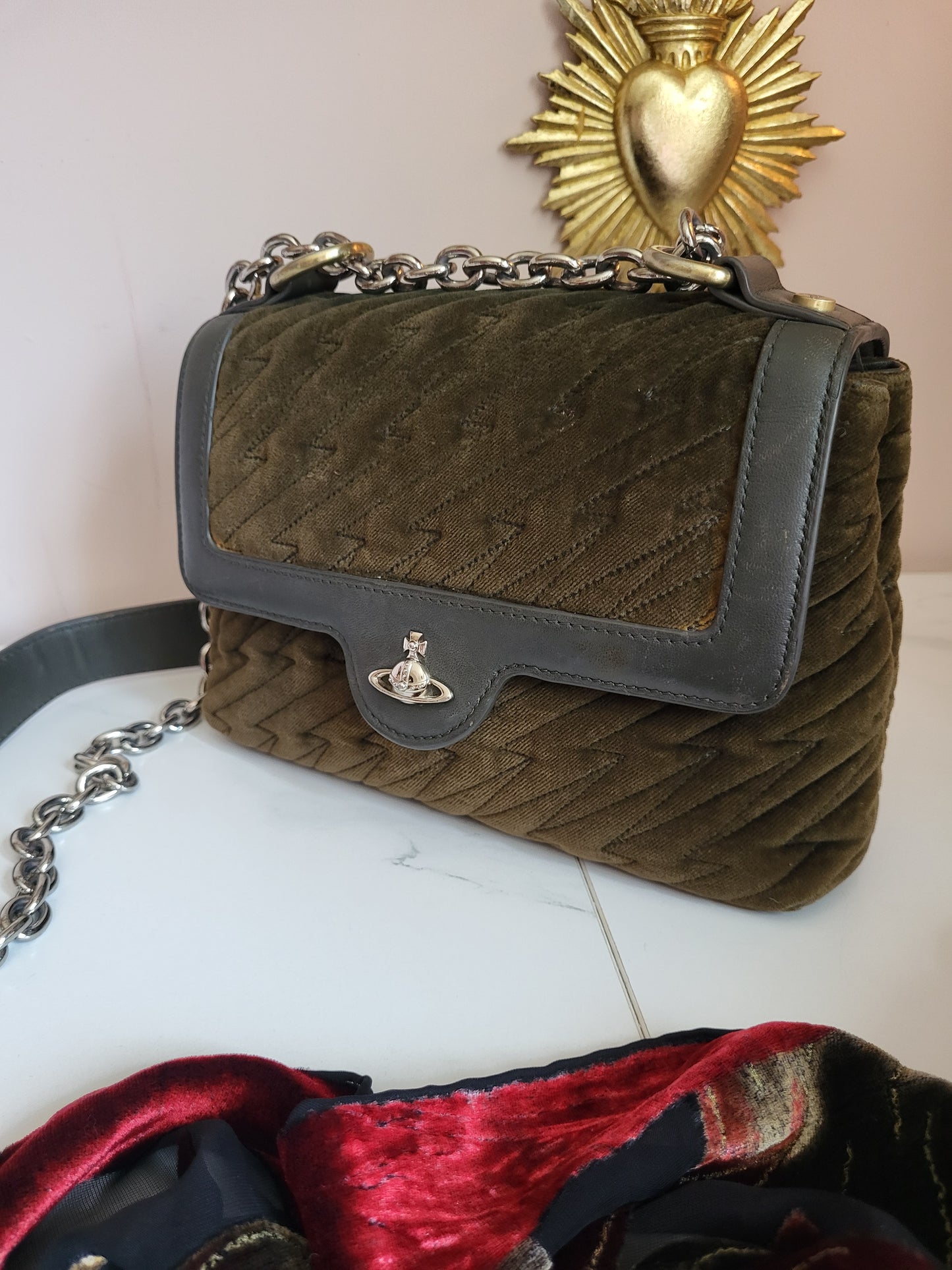 Vintage Vivienne Westwood Olive Velvet Shoulder Bag