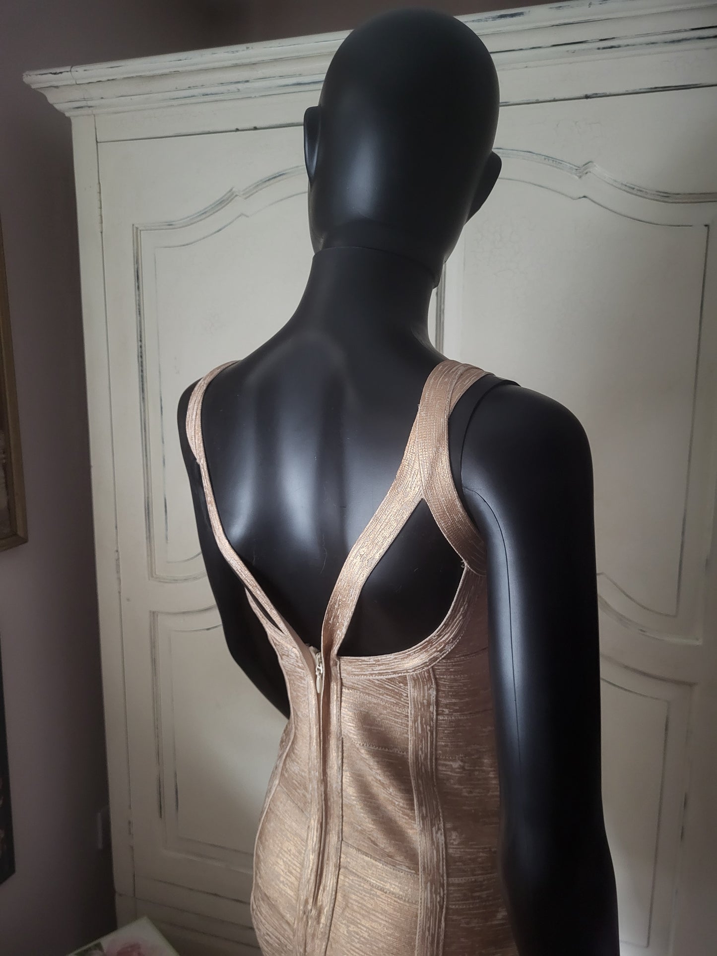 Molten Gold Bodycon Bandage Dress in the style of Hervé Léger