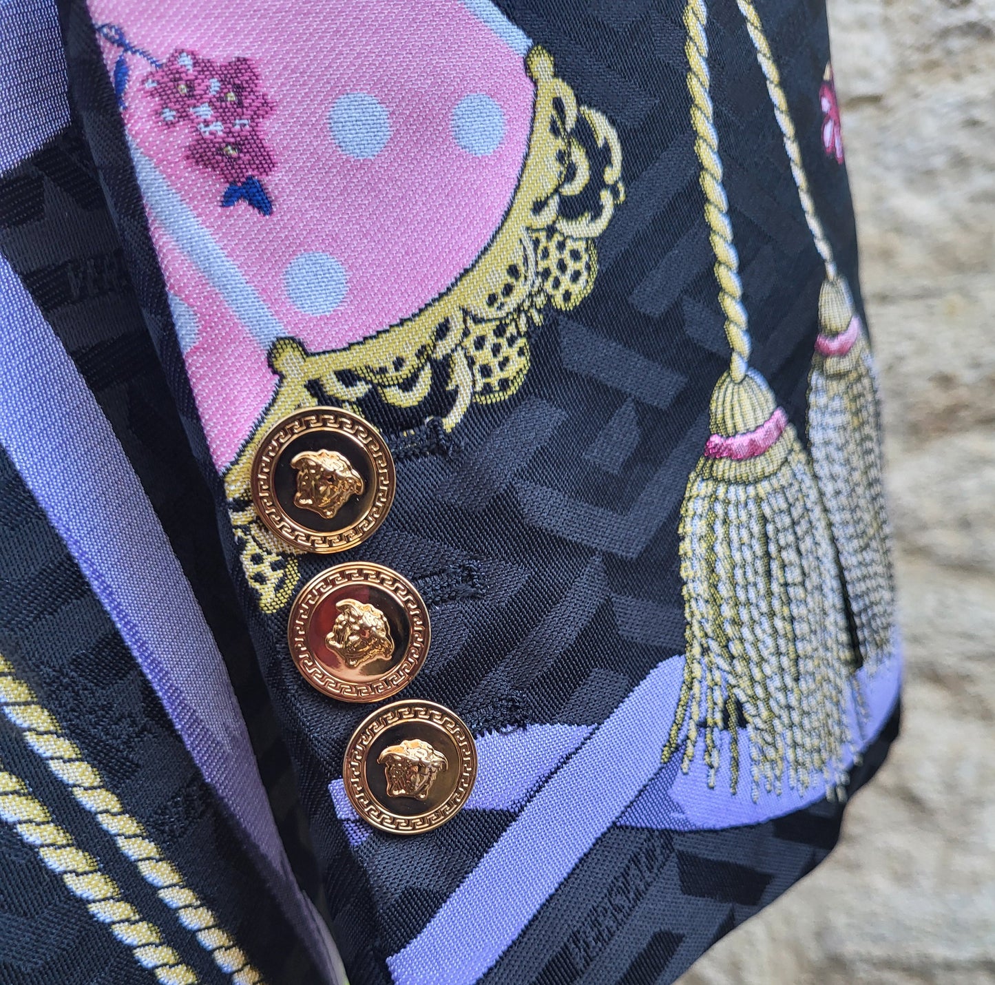 Versace Blue Faux Fur Collar Brocade Coat