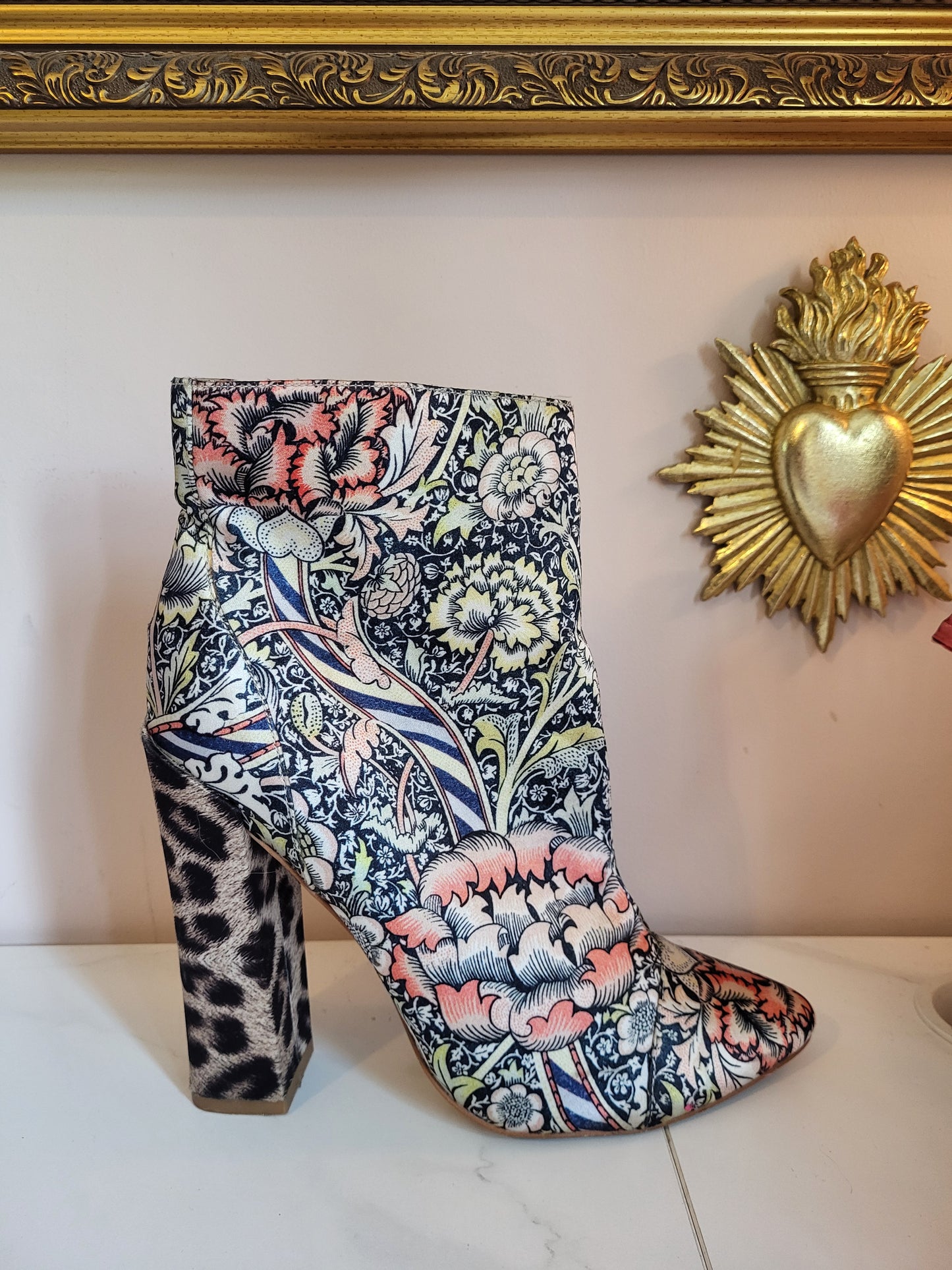 Vintage Satin Just Cavalli Floral and Leopard Print Ankle Boots